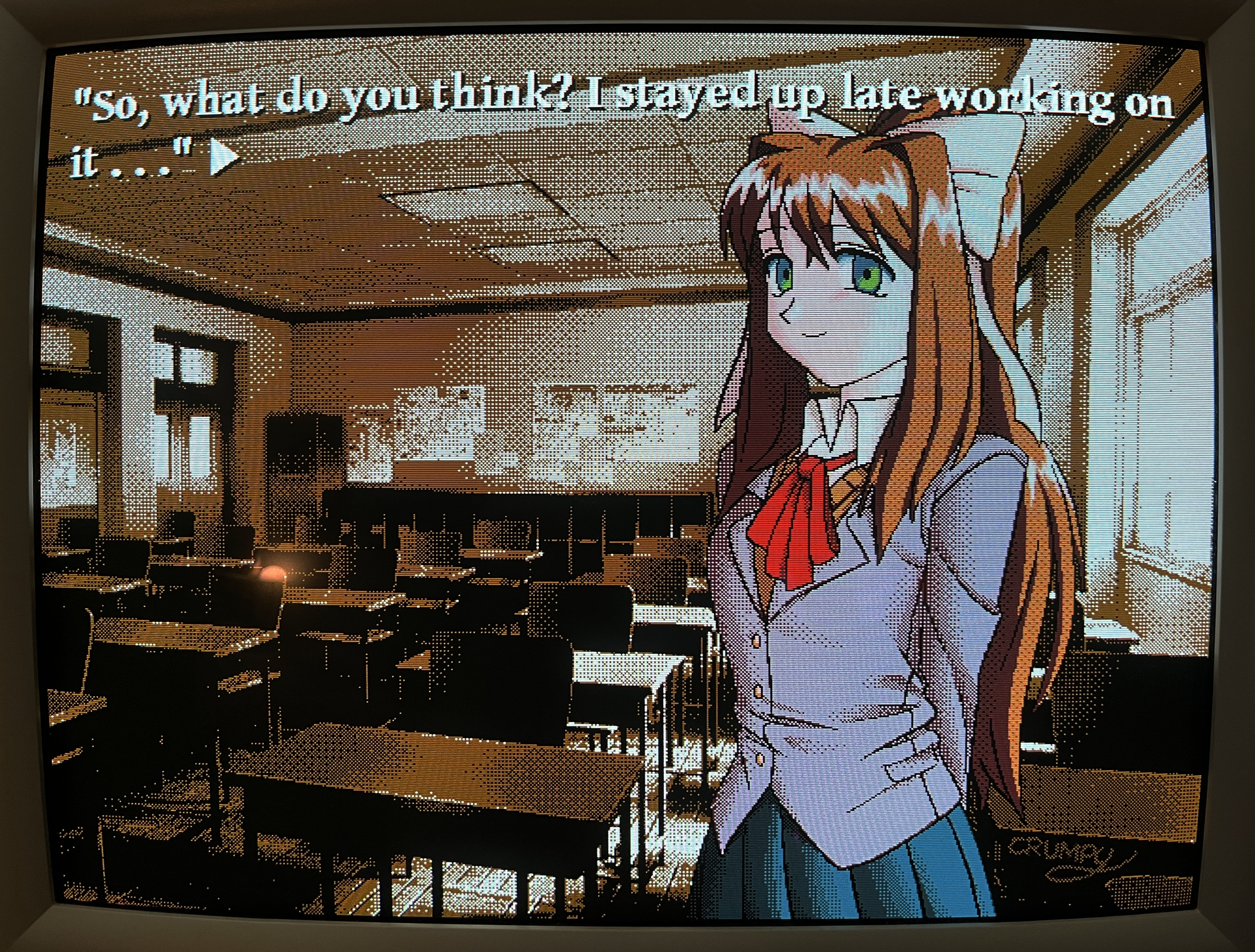 chronocrump, monika (doki doki literature club), doki doki literature club, absurdres, highres, 1girl, arm behind back, blue skirt, bow, brown hair, ceiling, chair, classroom, closed mouth, collar, crt, desk, doki doki literature club school uniform, door, english text, feet out of frame, formal clothes, green eyes, hair bow, hair ribbon, high collar, indoors, long hair, pixel art, purple suit, red ribbon, ribbon, school desk, school uniform, screen, sepia, sidelocks, skirt, smile, solo, standing, suit, talking, tile ceiling, tiles, white bow, white collar, white ribbon, window