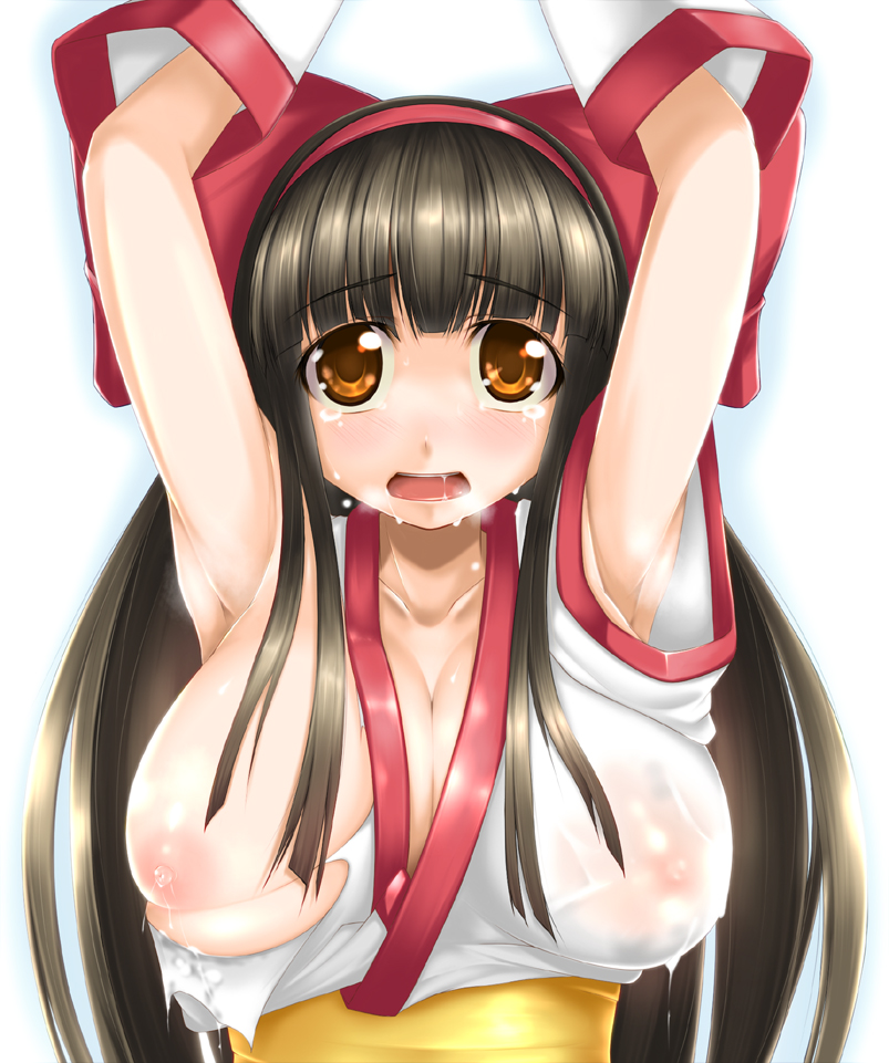 dou-t, nakoruru, samurai spirits, snk, bad id, bad pixiv id, 1girl, armpits, arms up, black hair, bow, breasts, brown eyes, detached sleeves, female focus, gradient background, hair bow, lactation, lactation through clothes, large breasts, long hair, nipples, see-through clothes, solo, tears, torn clothes, white background