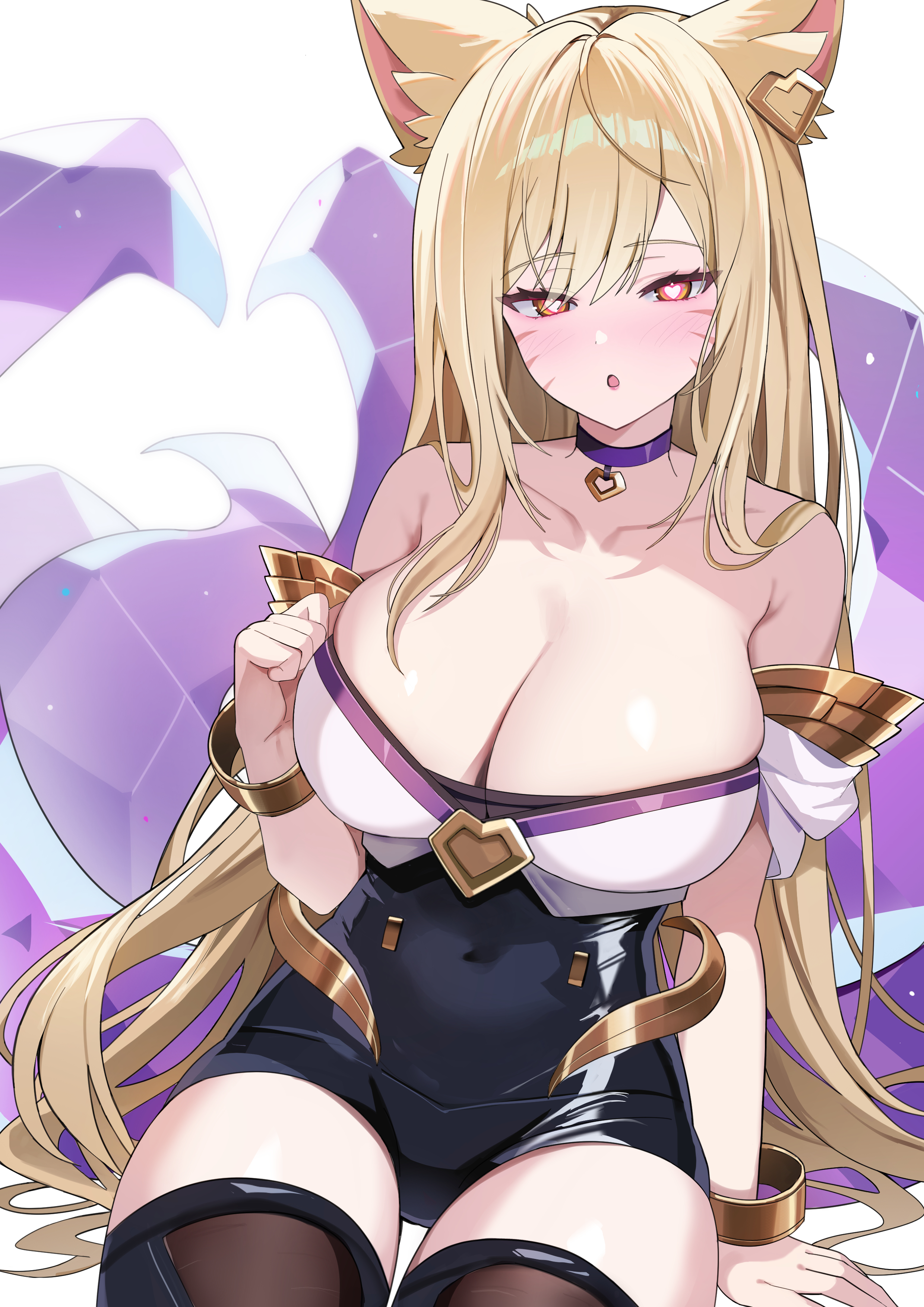 pelicana, ahri (league of legends), k/da (league of legends), k/da ahri, league of legends, absurdres, commentary, english commentary, highres, 1girl, :o, animal ear fluff, animal ears, arm support, bare shoulders, black thighhighs, blonde hair, blush, bracelet, breasts, choker, cleavage, collarbone, covered navel, dress, facial mark, fox ears, fox girl, gold, gold bracelet, hair between eyes, hair ornament, hand up, heart, heart-shaped pupils, heart choker, heart hair ornament, jewelry, large breasts, light particles, long hair, looking at viewer, multiple tails, off-shoulder dress, off shoulder, official alternate hair color, open mouth, purple choker, sidelocks, simple background, sitting, sleeveless, sleeveless dress, solo, strapless, strapless dress, symbol-shaped pupils, tail, thighhighs, thighs, very long hair, whisker markings, white background, yellow eyes