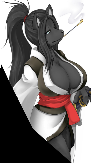 baiken, bad tag, animal ears, blue eyes, breasts, cleavage, dog, dog ears, furry, huge breasts, japanese clothes, katana, kimono, large breasts, smoke, smoking pipe, sword, swordswoman, topheavy, weapon, wolf