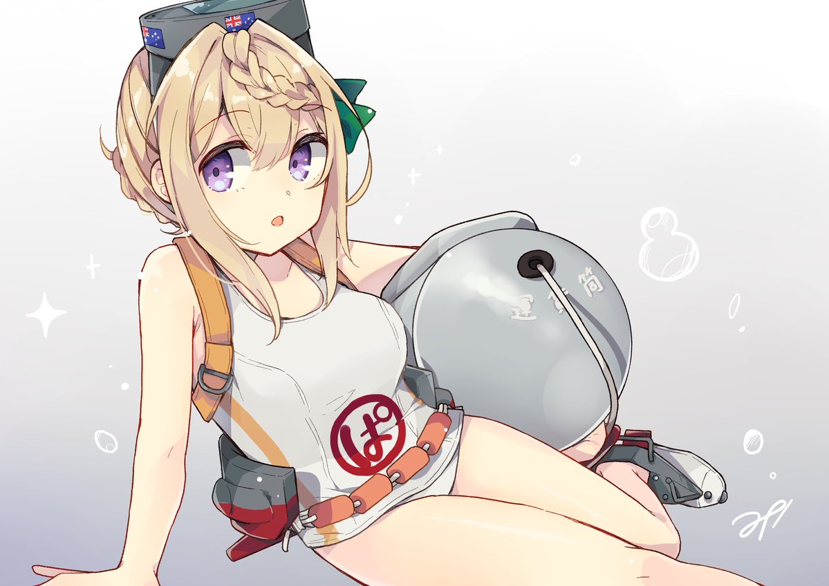 kurasaki cosmos, maru-yu (kancolle), perth (kancolle), kantai collection, 1girl, blonde hair, blush, braid, breasts, container, cosplay, diving mask, diving mask on head, flotation belt, goggles, goggles on head, long hair, looking at viewer, maru-yu (kancolle) (cosplay), one-piece swimsuit, open mouth, purple eyes, school swimsuit, sitting, solo, swimsuit, white one-piece swimsuit