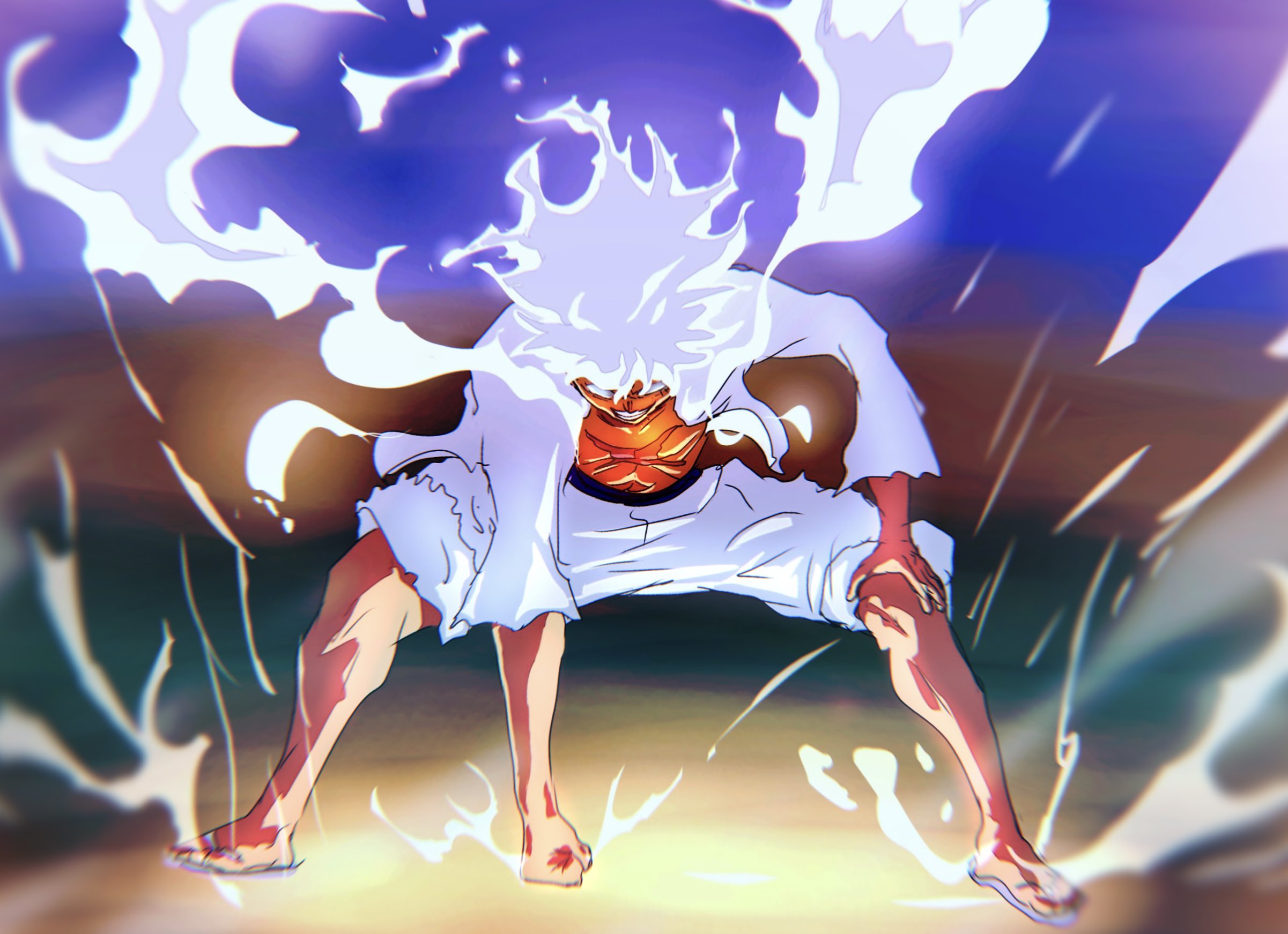 abjsmi, monkey d. luffy, one piece, commentary, highres, 1boy, full body, gear fifth, hagoromo, hand on ground, hand on own knee, male focus, sandals, scar, scar on face, shawl, shirt, short hair, shorts, smile, solo, white hair, white shirt, white shorts