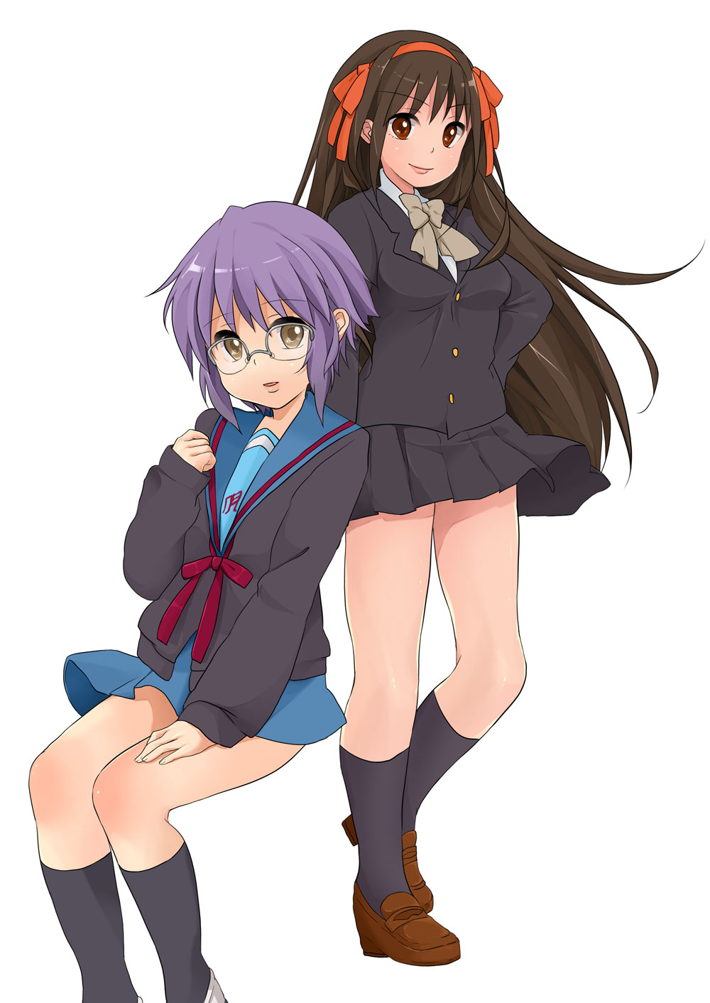 pantarou, nagato yuki, suzumiya haruhi, suzumiya haruhi no shoushitsu, suzumiya haruhi no yuuutsu, bad id, bad pixiv id, highres, 10s, alternate costume, alternate hairstyle, brown eyes, brown hair, cardigan, glasses, grey hair, kouyouen academy school uniform, legs, lips, long hair, official alternate hair length, official alternate hairstyle, school uniform, serafuku, short hair
