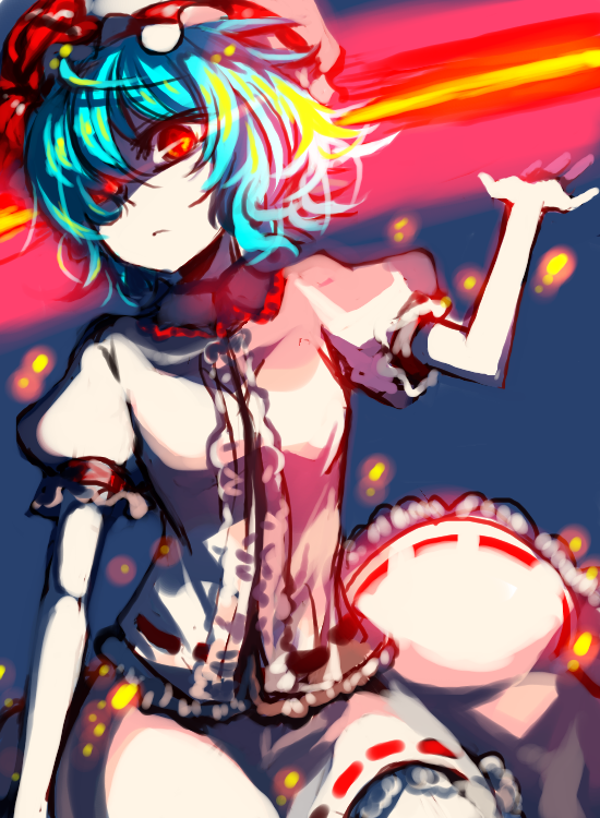 asamiyajy, scarf (artist), remilia scarlet, touhou, 1girl, blue hair, dress, female focus, glowing, glowing eyes, hat, red eyes, ribbon, short hair, solo