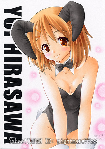 nightmare77zx, hirasawa yui, k-on!, bad id, bad pixiv id, 1girl, animal ears, bare legs, brown eyes, brown hair, fake animal ears, female focus, playboy bunny, rabbit ears, short hair, solo