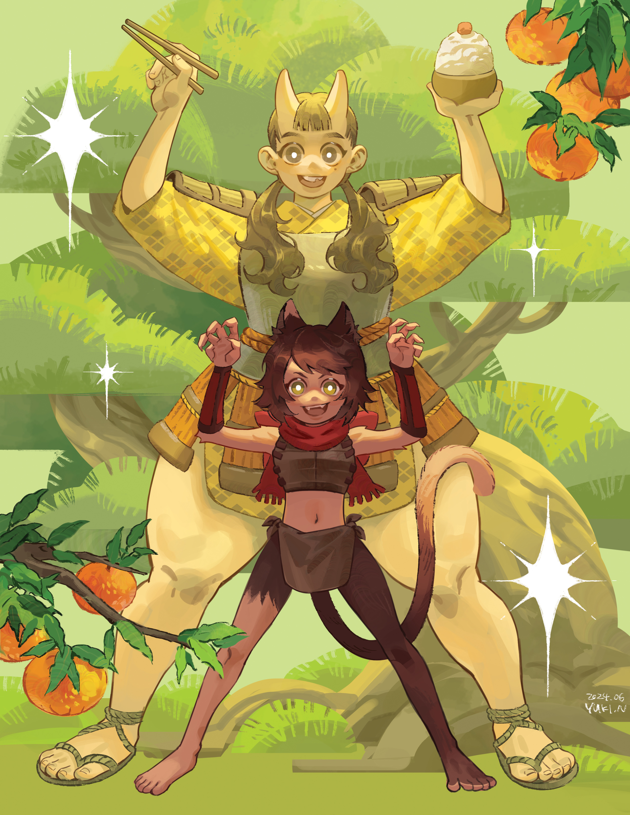 yukinnn, inutade, izutsumi, dungeon meshi, absurdres, highres, 2girls, animal ears, arms up, barefoot, blunt bangs, bright pupils, cat ears, cat girl, cat tail, chipped tooth, chopsticks, food, fruit, full body, green eyes, grey eyes, horns, loincloth, long hair, looking at viewer, midriff, mole, mole under eye, multiple girls, navel, sandals, short hair, size difference, skin-covered horns, sparkle, standing, tail, thick thighs, thighs, tree, twintails, white pupils