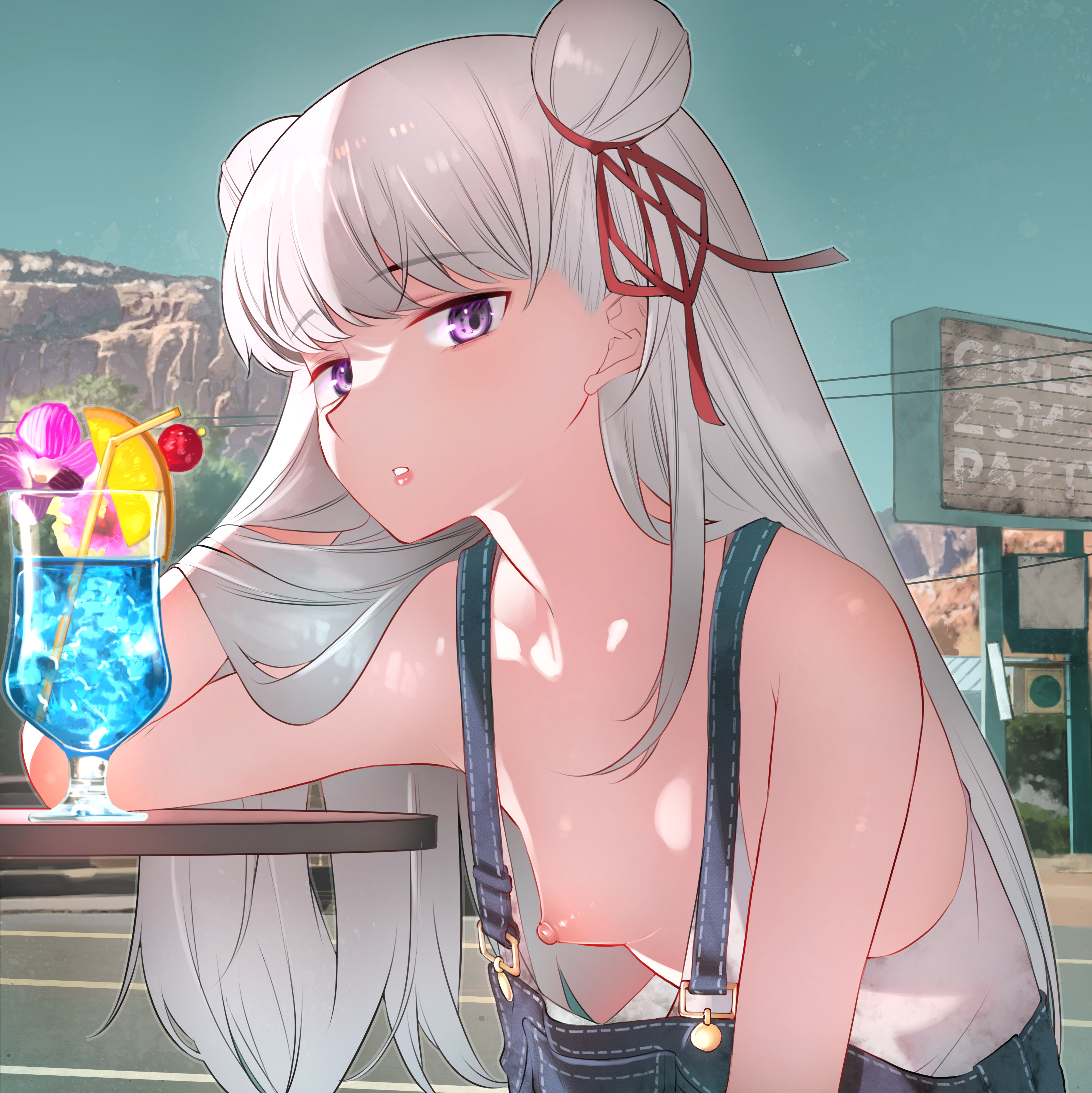 kojima takeshi, tenshi maria, girls zombie party, absurdres, commentary request, highres, 1girl, blue overalls, breasts, cup, denim, denim overalls, double bun, drinking glass, drinking straw, glass, grey hair, hair bun, hair ribbon, long hair, looking at viewer, nipples, overalls, parted lips, purple eyes, red ribbon, ribbon, small breasts, solo