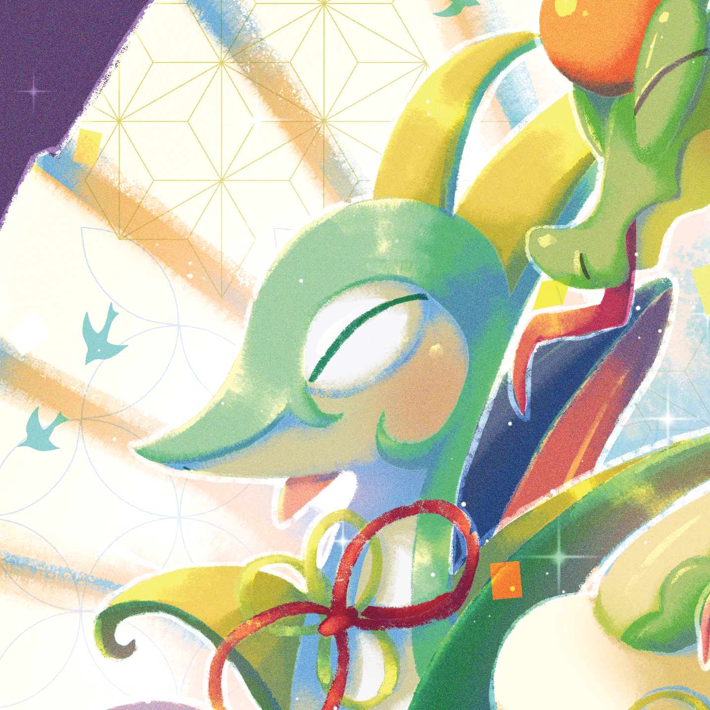 youcing, hydrapple, serperior, nintendo, pokemon, commentary request, highres, closed eyes, gen 5 pokemon, no humans, pokemon (creature), pokemon focus, tongue, tongue out