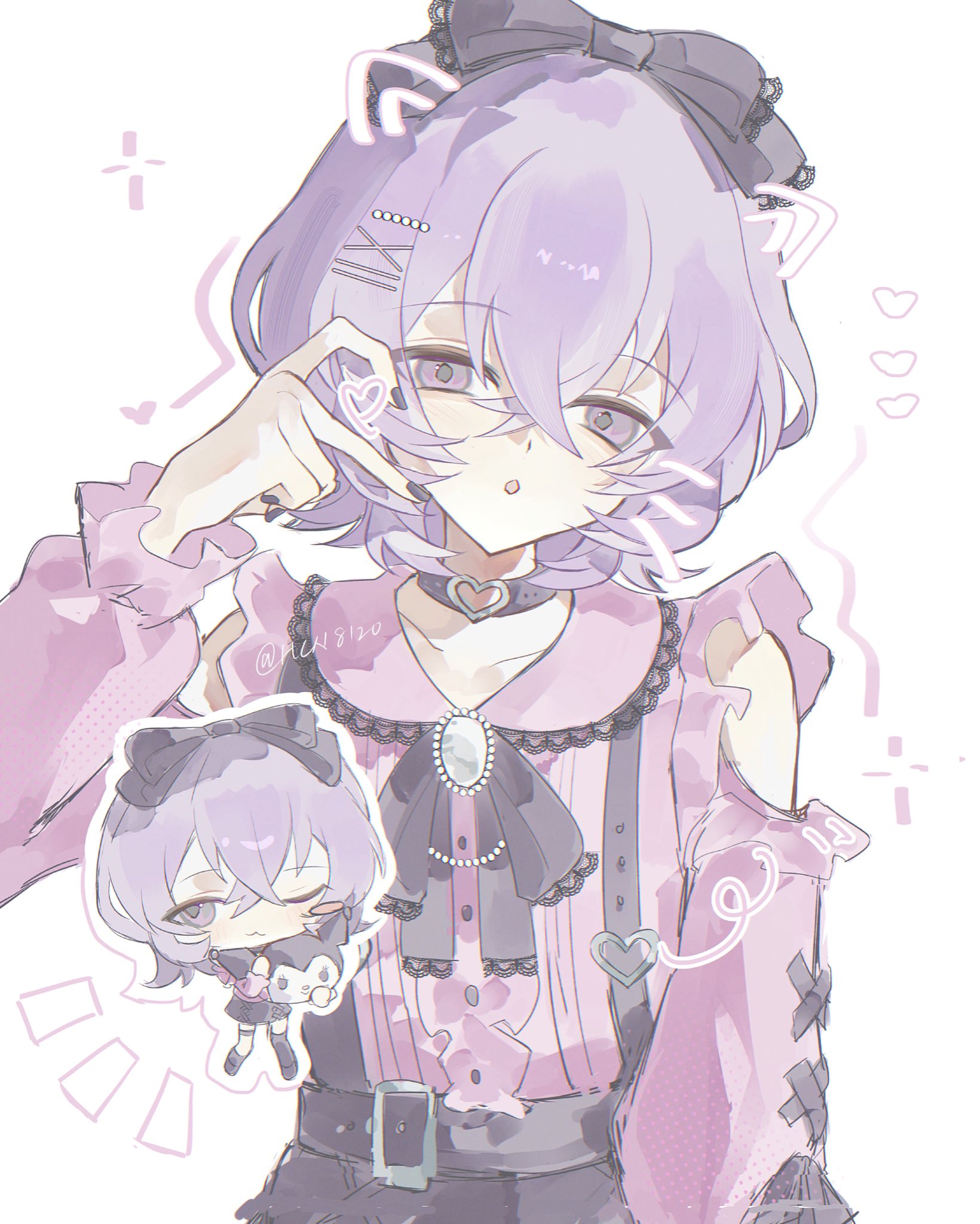 hanamura fuyume, ensemble stars!, commentary, highres, symbol-only commentary, 1boy, alternate costume, black bow, bow, chibi, chibi inset, choker, clothing cutout, drawn ears, drawn whiskers, frilled shirt collar, frilled sleeves, frills, hair between eyes, hair bow, hair ornament, hairclip, half-heart hands, hand up, hcn8120, heart, heart choker, jirai kei, long sleeves, looking at viewer, male focus, open mouth, pink shirt, purple eyes, purple hair, shirt, short hair, shoulder cutout, simple background, solo, upper body, white background, x hair ornament