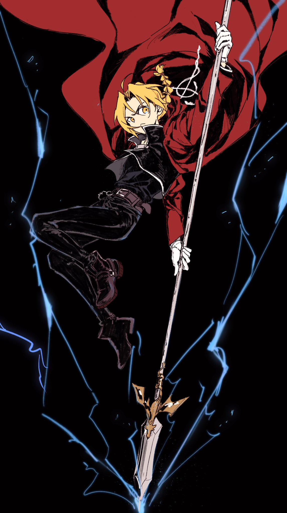 edward elric, fullmetal alchemist, highres, 1boy, :<, ahoge, ankle boots, belt, black background, black belt, black boots, black jacket, black pants, black shirt, blonde hair, boots, braid, braided ponytail, closed mouth, coat, dynamic pose, electricity, flamel symbol, floating clothes, full body, gloves, hair between eyes, holding, holding polearm, holding weapon, jacket, lance, long hair, long sleeves, looking at viewer, male focus, pants, polearm, red coat, shirt, simple background, solo, weapon, white gloves, yeknnnnn, yellow eyes