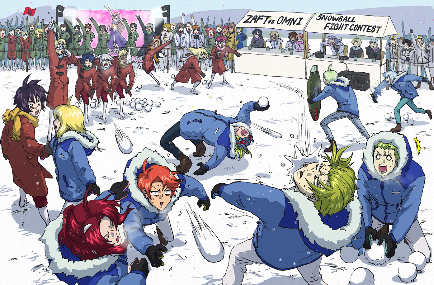 satou kivi, aisha (gundam), andrew waltfeld, arthur trine, athrun zala, auel neider, cagalli yula athha, clotho buer, dearka elsman, flay allster, forbidden gundam, gilbert durandal, heine westenfluss, kira yamato, lacus clyne, lunamaria hawke, martin dacosta, meer campbell, meyrin hawke, miguel aiman, miriallia haw, mu la flaga, mudie holcroft, murrue ramius, muruta azrael, natarle badgiruel, nicol amafli, orga sabnak, rau le creuset, rey za burrel, rusty mackenzie, shani andras, shiho hahnenfuss, shinn asuka, stellar loussier, sting oakley, talia gladys, vino dupre, yolant kent, yzak joule, gundam, gundam seed, gundam seed destiny, fur, silver hair, uniform, annotated, > <, 00s, 6+boys, 6+girls, ahoge, black hair, blonde hair, blue eyes, blue hair, brown eyes, brown hair, coat, cup, empty eyes, everyone, eyes closed, flag, gloves, long hair, mask, microphone, multiple boys, multiple girls, o o, pink hair, red hair, scarf, shield, siblings, sisters, snow, snowball, snowball fight, stereo, winter clothes, winter coat