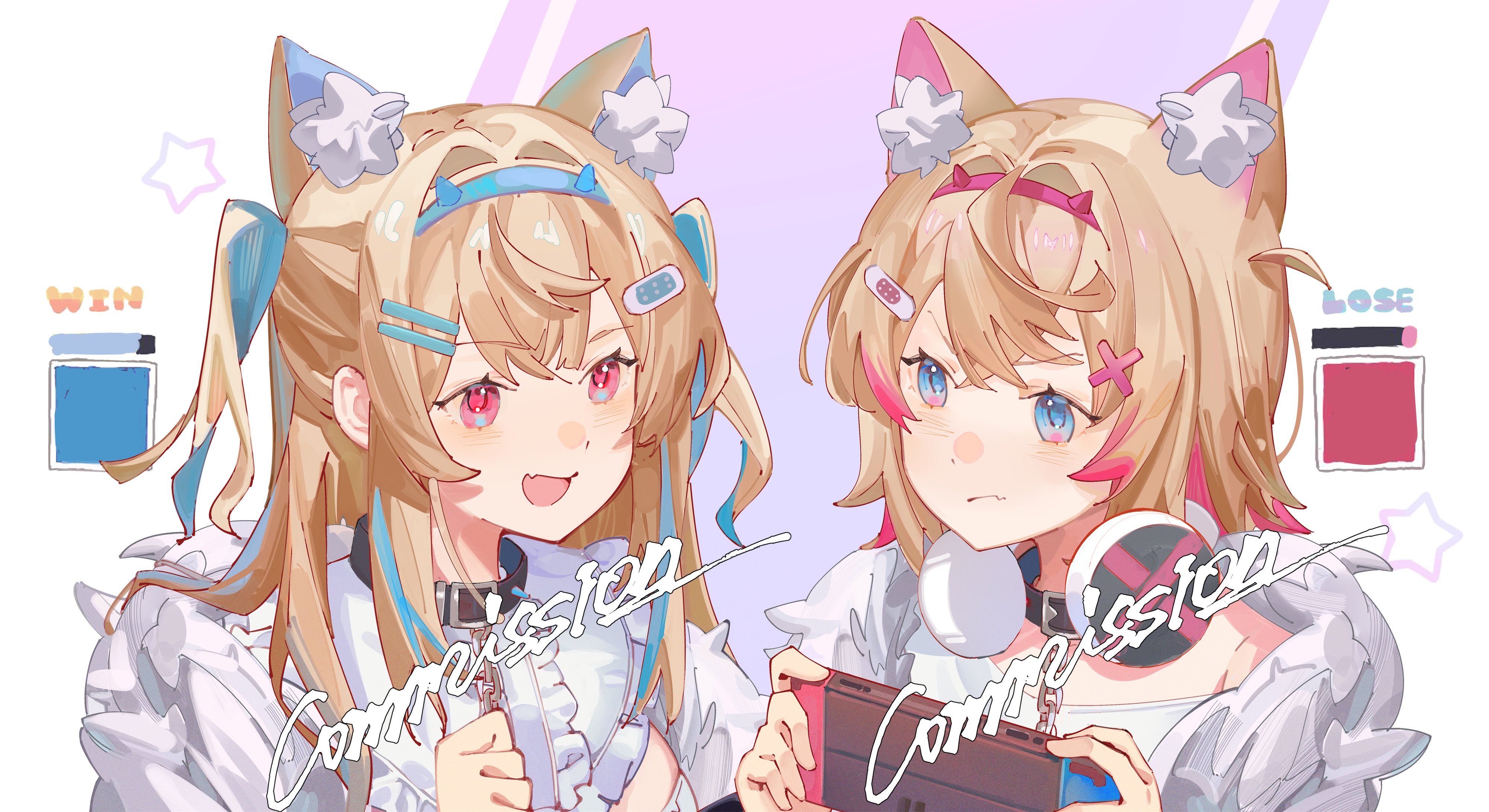 pyyuu, fuwawa abyssgard, fuwawa abyssgard (1st costume), mococo abyssgard, mococo abyssgard (1st costume), hololive, hololive english, absurdres, commission, hashtag-only commentary, highres, vgen commission, 2girls, animal collar, animal ear fluff, animal ears, bandaid, bandaid hair ornament, black collar, blonde hair, blue eyes, blue hairband, blue streaks, closed mouth, collar, crossed bangs, dog ears, dog girl, double-parted bangs, fake horns, fang, hair intakes, hair ornament, hairband, hairclip, handheld game console, headphones, headphones around neck, holding, holding handheld game console, horn hairband, horns, long hair, looking at another, multicolored hair, multiple girls, nintendo switch, open mouth, parallel hairclips, pink eyes, pink hairband, pink streaks, short hair, siblings, sisters, skin fang, smile, streaked hair, twins, virtual youtuber, x hair ornament