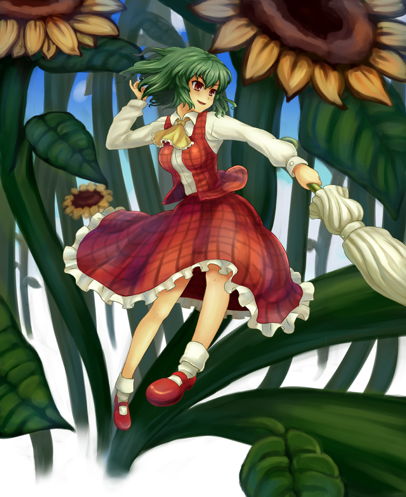 blue door, kazami yuuka, touhou, 1girl, ascot, closed umbrella, cloud, female focus, flower, flying, green hair, mary janes, overgrown, parasol, pigeon-toed, plaid clothes, plaid skirt, plaid vest, red eyes, shoes, short hair, skirt, skirt set, solo, sunflower, umbrella, vest