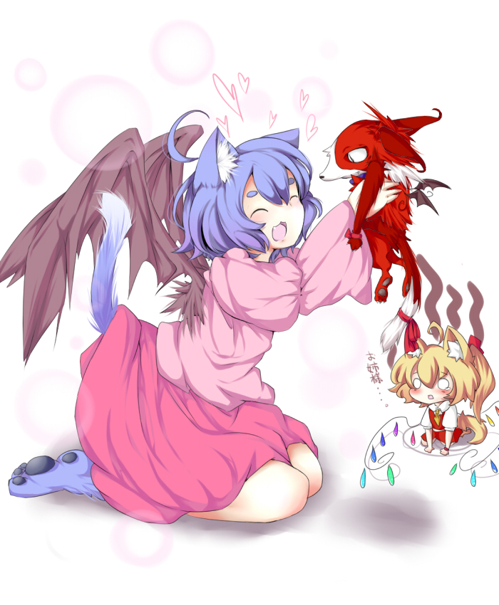 penya, flandre scarlet, remilia scarlet, touhou, bad id, bad pixiv id, 2girls, bat wings, blonde hair, blue hair, female focus, multiple girls, ponytail, short hair, siblings, side ponytail, sisters, wings