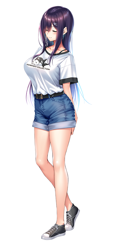 piromizu, himiyama rei, amakano 2, large variant set, official art, variant set, 1girl, arms behind back, belt, belt buckle, black belt, black shoes, blush, breasts, buckle, closed eyes, clothes writing, collarbone, denim, denim shorts, facing viewer, full body, green eyes, hair between eyes, hair ornament, large breasts, long hair, long sidelocks, purple hair, shirt, shoes, shorts, sidelocks, simple background, smile, sneakers, solo, standing, tachi-e, white background, white shirt