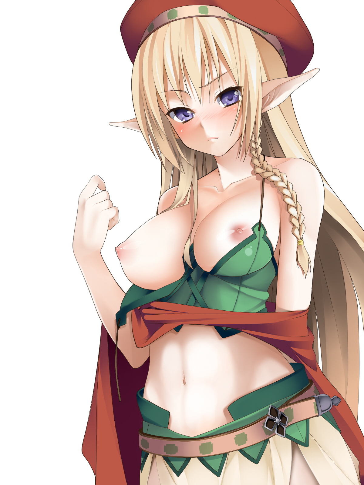 piiko (aa doushiyou), alleyne (queen's blade), fighting master alleyne, queen's blade, colorized, highres, 1girl, bare shoulders, belt, blush, braid, breasts, elf, female focus, hat, large breasts, navel, nipples, pointy ears, puffy nipples, purple eyes, solo