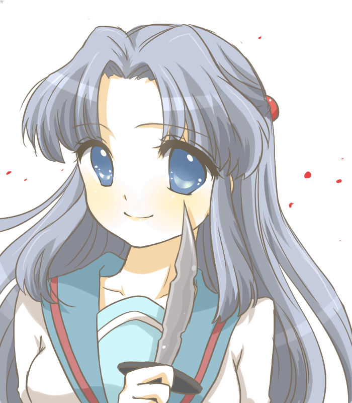 mashiro momo, asakura ryoko, suzumiya haruhi no shoushitsu, suzumiya haruhi no yuuutsu, bad id, bad pixiv id, 10s, blue eyes, blue hair, knife, long hair, pantyhose, solo