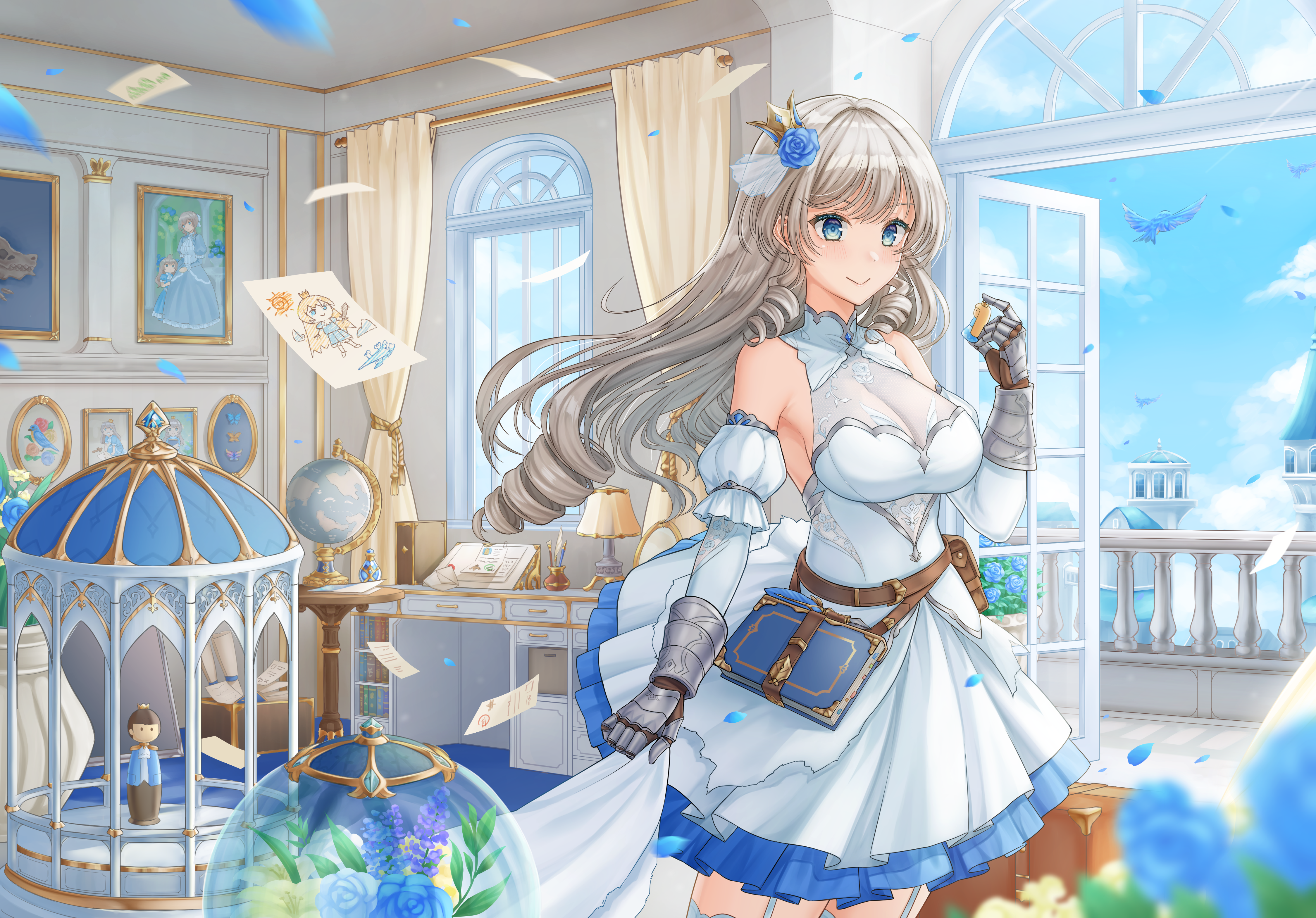 uki (kiw kiu), original, absurdres, highres, 1girl, balcony, bare shoulders, blonde hair, blue eyes, blush, book, breasts, cleavage, crown hair ornament, detached sleeves, dress, drill hair, flower, garter straps, gauntlets, grey hair, hair flower, hair ornament, holding figure, large breasts, leather belt, long hair, open window, petals, picture frame, scenery, see-through cleavage, see-through clothes, smile, solo, standing, thighhighs, white dress, white thighhighs, window