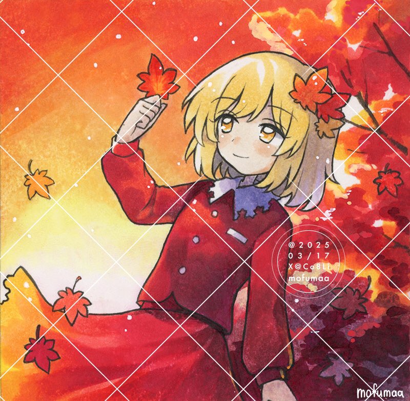 maa (forsythia1729), aki shizuha, touhou, commentary, hashtag-only commentary, traditional media, 1girl, artist name, autumn leaves, blonde hair, closed mouth, dated, hair ornament, holding, holding leaf, leaf, leaf hair ornament, long sleeves, maple leaf, medium hair, red shirt, red skirt, shirt, skirt, smile, solo, watermark, watermark grid, yellow eyes