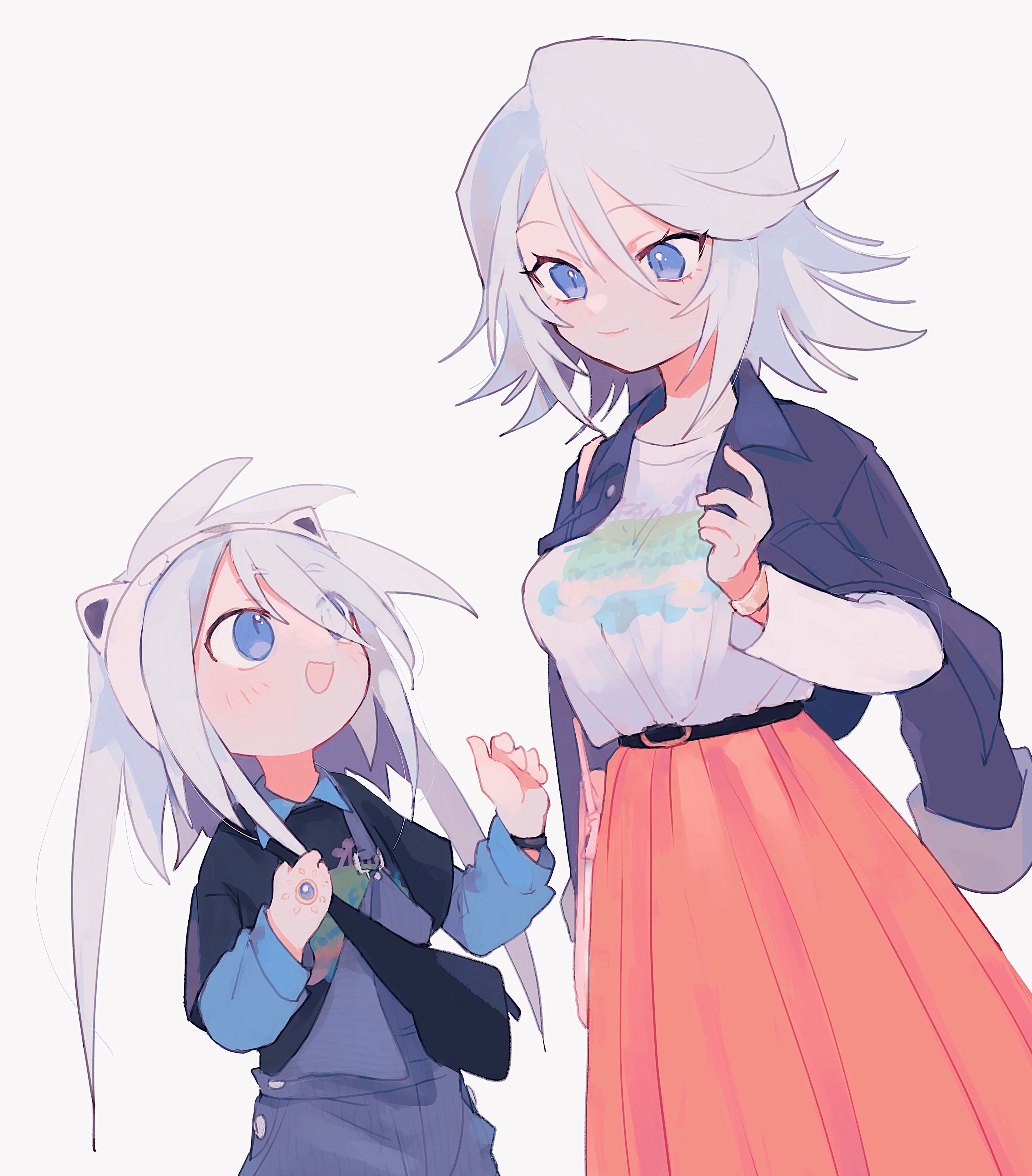 nancykittyu, genius sage, raine sage, tales of (series), tales of symphonia, absurdres, highres, 1boy, 1girl, alternate costume, animal ears, belt, black belt, black jacket, black shirt, blue eyes, blue overalls, blue shirt, brother and sister, cat ears, closed mouth, collared shirt, contemporary, crossbody bag, denim, denim overalls, fake animal ears, fanny pack, hand jewel, jacket, jacket on shoulders, layered sleeves, long sleeves, looking at another, open mouth, orange skirt, overalls, print shirt, shirt, short hair, siblings, simple background, skirt, smile, spiked hair, white background, white hair, white shirt