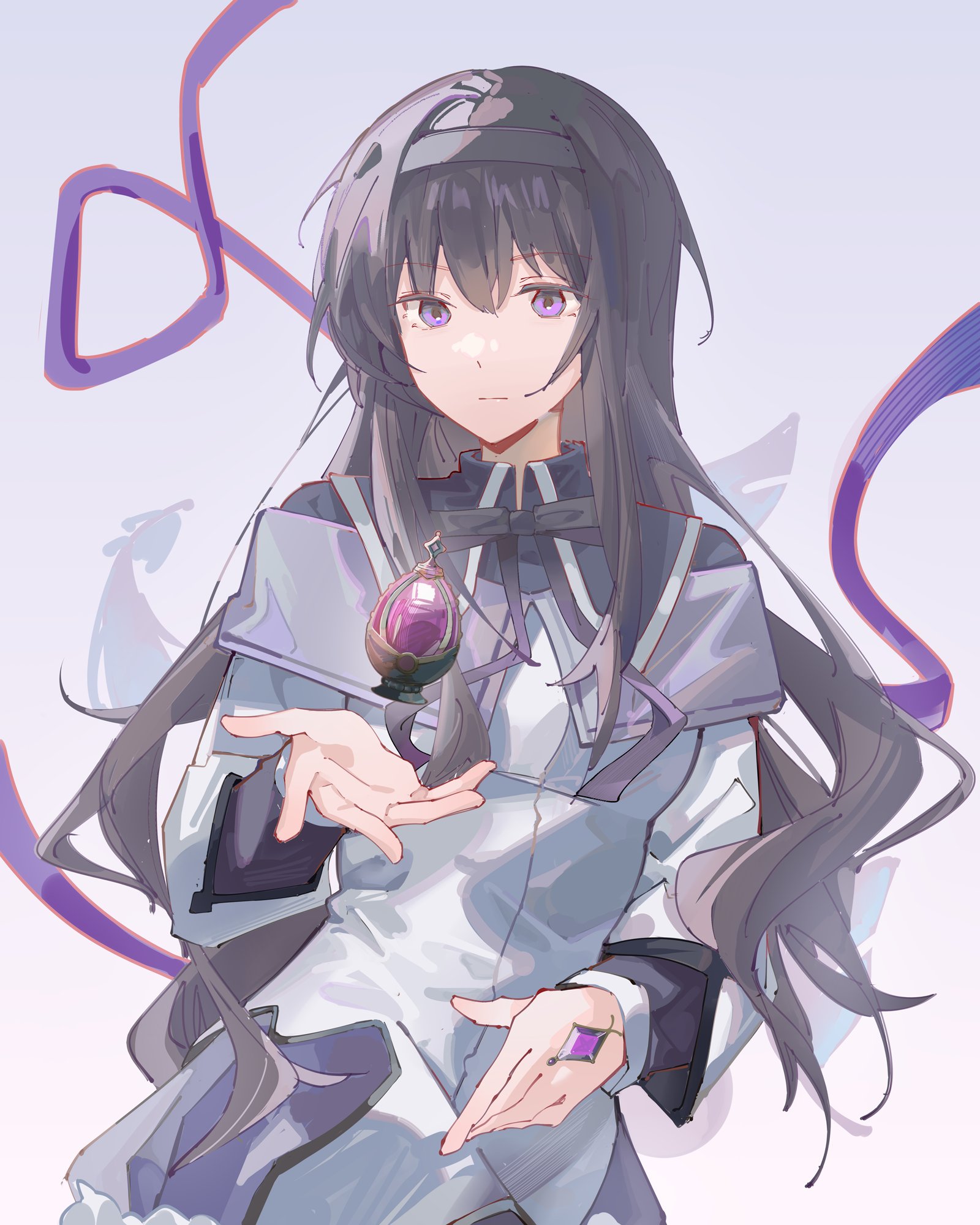 pyyuu, akemi homura, mahou shoujo madoka magica, commentary, highres, 1girl, :|, black hair, black hairband, black ribbon, closed mouth, collared jacket, cowboy shot, floating, floating object, grey jacket, hair between eyes, hairband, hand up, jacket, long hair, long sleeves, looking at viewer, purple eyes, ribbon, solo
