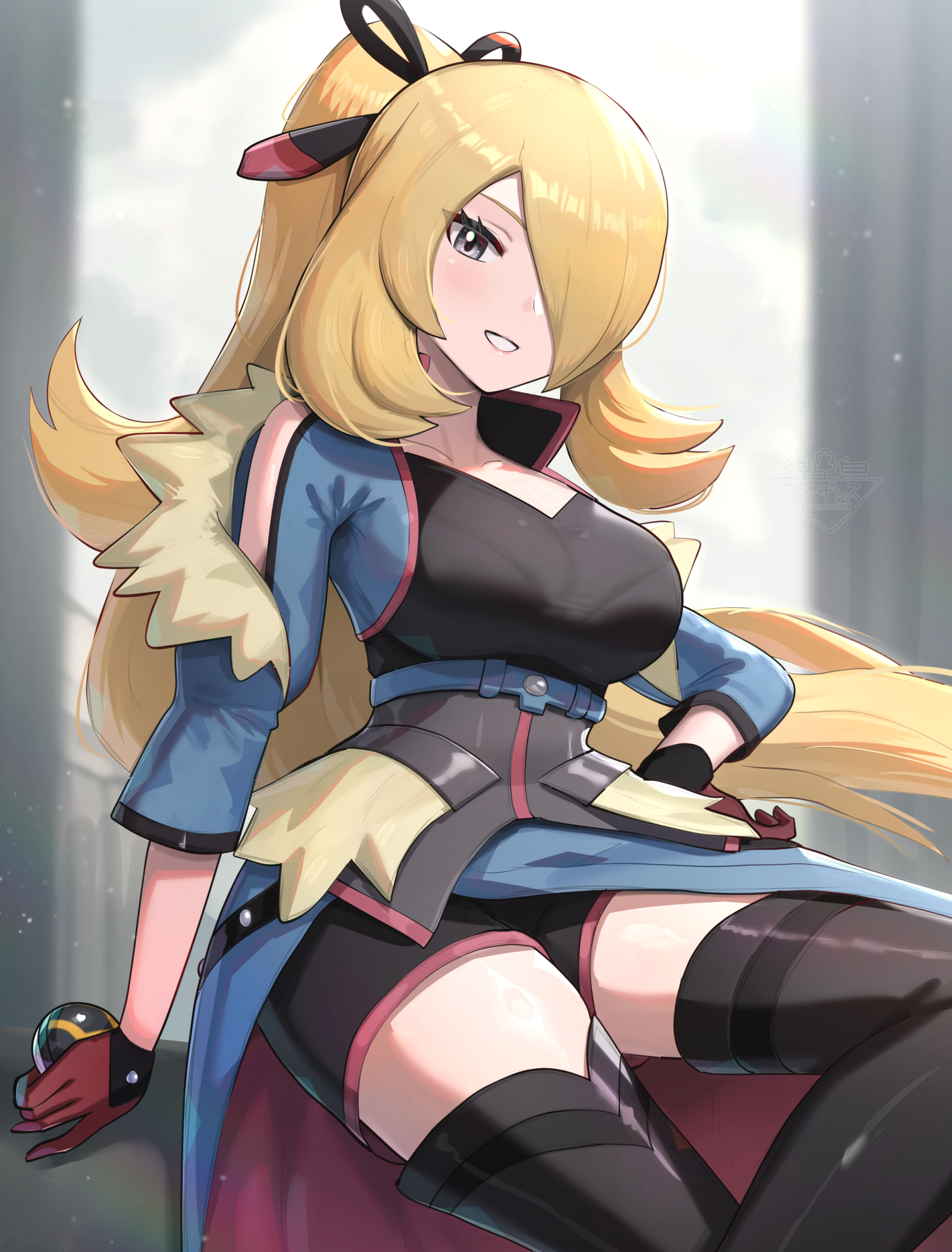 gonzarez, cynthia (pokemon), cynthia (sygna suit) (aura) (pokemon), nintendo, pokemon, pokemon masters ex, absurdres, commentary, highres, 1girl, arm support, black ribbon, black shorts, blonde hair, boots, breasts, collarbone, eyelashes, gloves, grey eyes, grin, hair over one eye, hair ribbon, hand on own hip, large breasts, long hair, official alternate costume, ponytail, red gloves, ribbon, shorts, sitting, smile, solo, thigh boots, very long hair, wavy hair