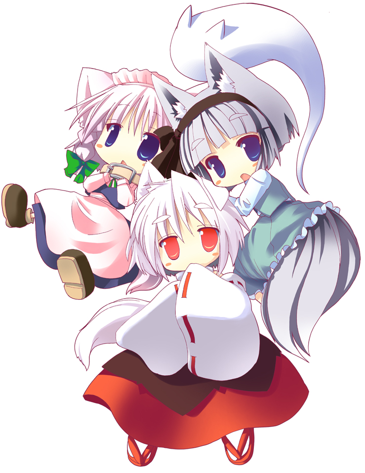 nagomi tozakura, inu sakuya (nejikirio), inubashiri momiji, izayoi sakuya, konpaku youmu, konpaku youmu (ghost), touhou, 3girls, :<, animal ears, blue eyes, blush stickers, bow, chibi, collar, dog ears, dog tail, female focus, fox ears, fox tail, hair bow, kemonomimi mode, maid, maid headdress, multiple girls, open mouth, red eyes, short hair, tail, white hair, wolf ears, wolf tail