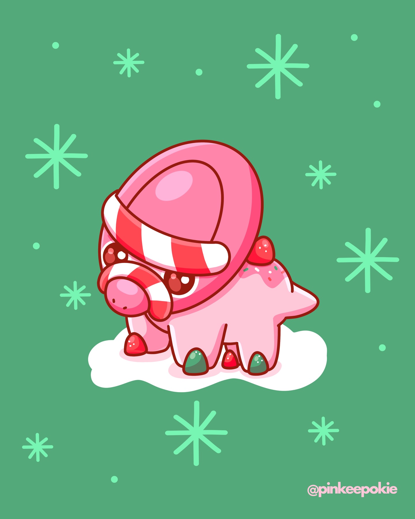shieldon, nintendo, pokemon, commentary, english commentary, highres, alternate color, animal focus, christmas, full body, gen 4 pokemon, green background, gumdrop (candy), instagram username, no humans, nostrils, pinkeepokie, pokemon (creature), pokemon focus, simple background, solo
