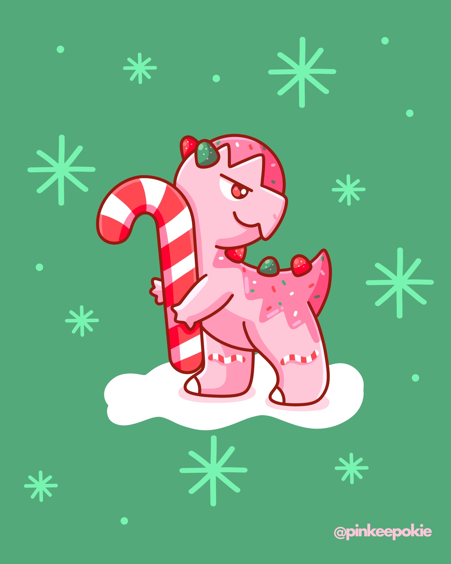 cranidos, nintendo, pokemon, commentary, english commentary, highres, alternate color, animal focus, candy, candy cane, christmas, closed mouth, food, gen 4 pokemon, green background, gumdrop (candy), holding, holding candy, holding candy cane, holding food, instagram username, no humans, pinkeepokie, pokemon (creature), pokemon focus, red eyes, simple background, smile, solo