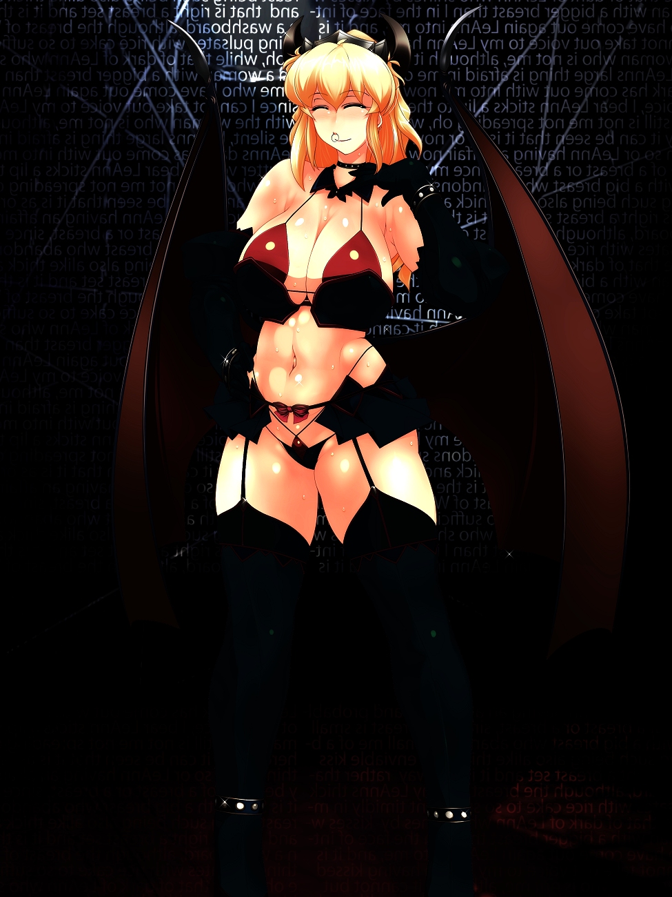 amagasa higasa, original, highres, 1girl, bikini, blonde hair, breasts, choker, curvy, dark, demon girl, face piercing, female focus, garter belt, headdress, horns, huge breasts, long hair, nose piercing, nose ring, piercing, solo, string bikini, swimsuit, thighhighs, thong bikini, wings