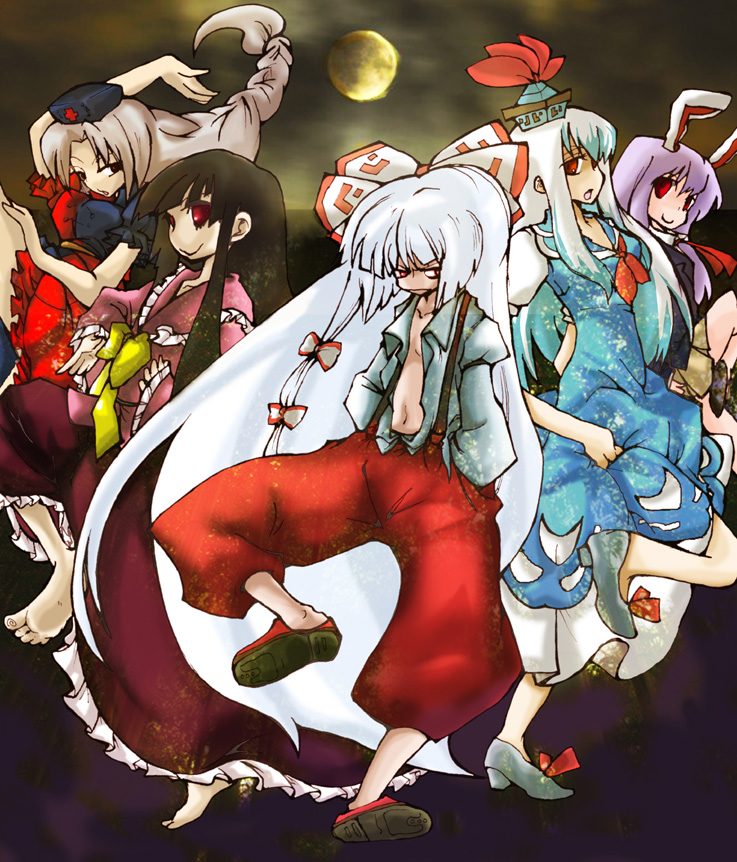 yamanyan, fujiwara no mokou, houraisan kaguya, kamishirasawa keine, reisen udongein inaba, yagokoro eirin, touhou, bad id, bad pixiv id, 5girls, cloud, female focus, moon, multiple girls, night