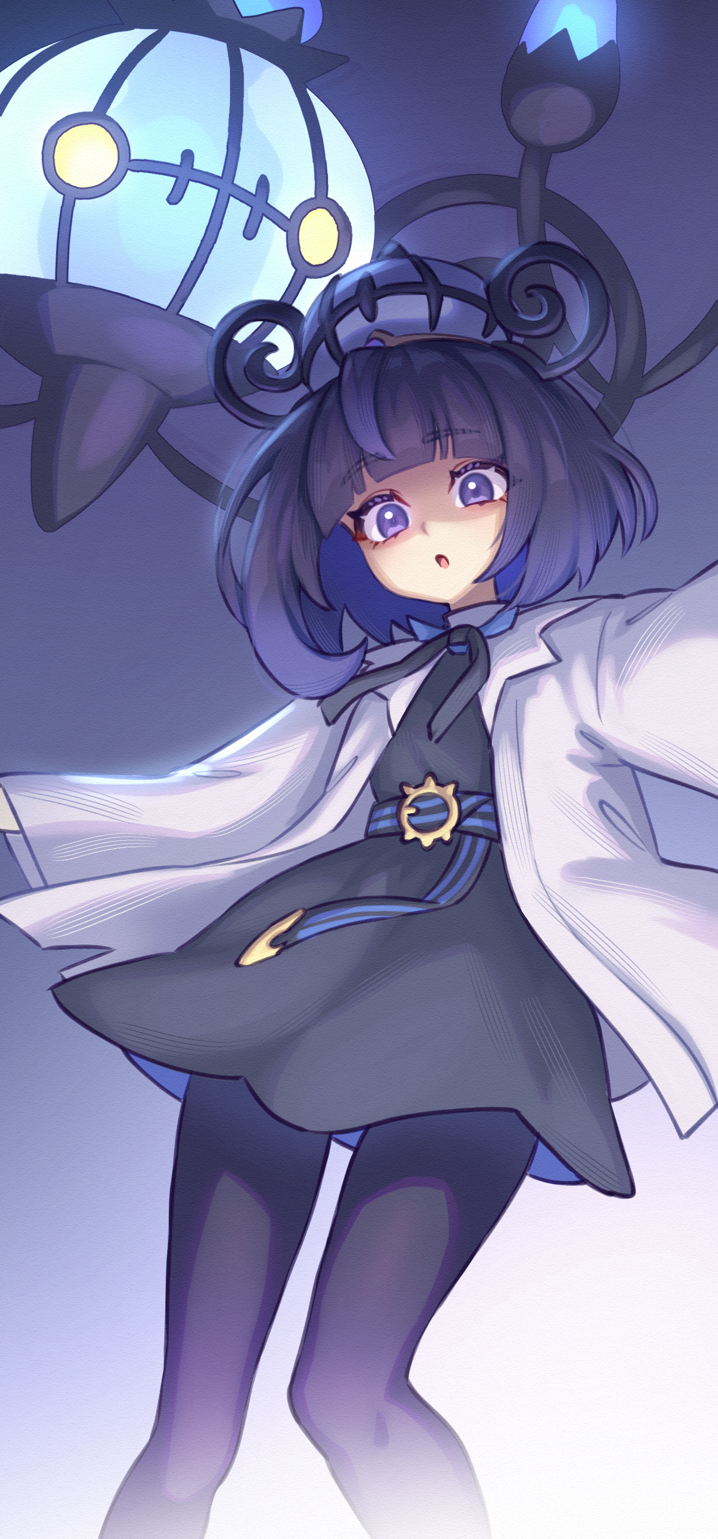 sher (imnotsher), chandelure, gwynn (pokemon), nintendo, pokemon, pokemon legends: z-a, absurdres, commentary, highres, 1girl, belt, black dress, black hair, black pantyhose, blue fire, blunt bangs, bob cut, chandelier, coat, dress, fire, gen 5 pokemon, gradient hair, hat, long sleeves, looking at viewer, mega stone, multicolored hair, o-ring, o-ring belt, open clothes, open coat, pantyhose, parted lips, pokemon (creature), purple eyes, purple fire, purple hair, short hair, white coat, yellow eyes