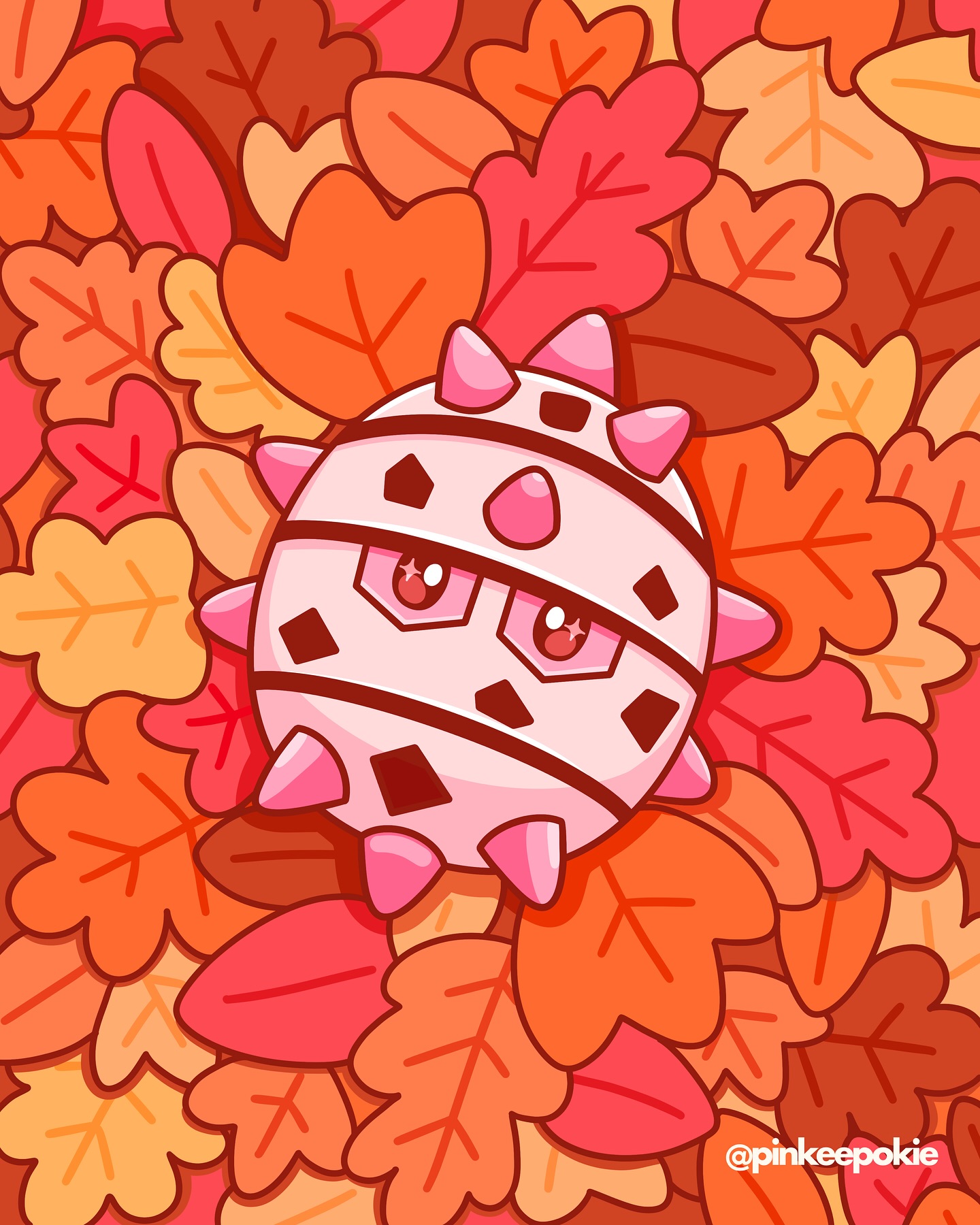 ferroseed, nintendo, pokemon, commentary, english commentary, highres, alternate color, autumn leaves, full body, gen 5 pokemon, instagram username, leaf, no humans, pinkeepokie, pokemon (creature), pokemon focus, solo, spikes