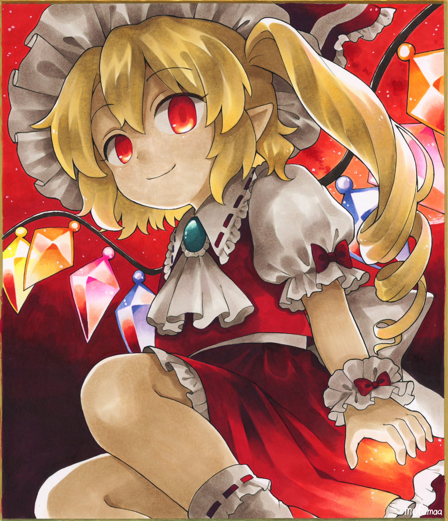 maa (forsythia1729), flandre scarlet, touhou, commentary, highres, 1girl, ascot, back bow, blonde hair, bow, brooch, closed mouth, collared shirt, crystal, crystal wings, drill hair, frilled shirt collar, frilled skirt, frills, hat, jewelry, looking at viewer, mob cap, multicolored wings, one side up, pointy ears, red bow, red eyes, red skirt, red vest, ribbon-trimmed collar, ribbon trim, shirt, skirt, skirt set, sleeve bow, smile, socks, solo, vest, white ascot, white bow, white hat, white socks, wings, wrist cuffs