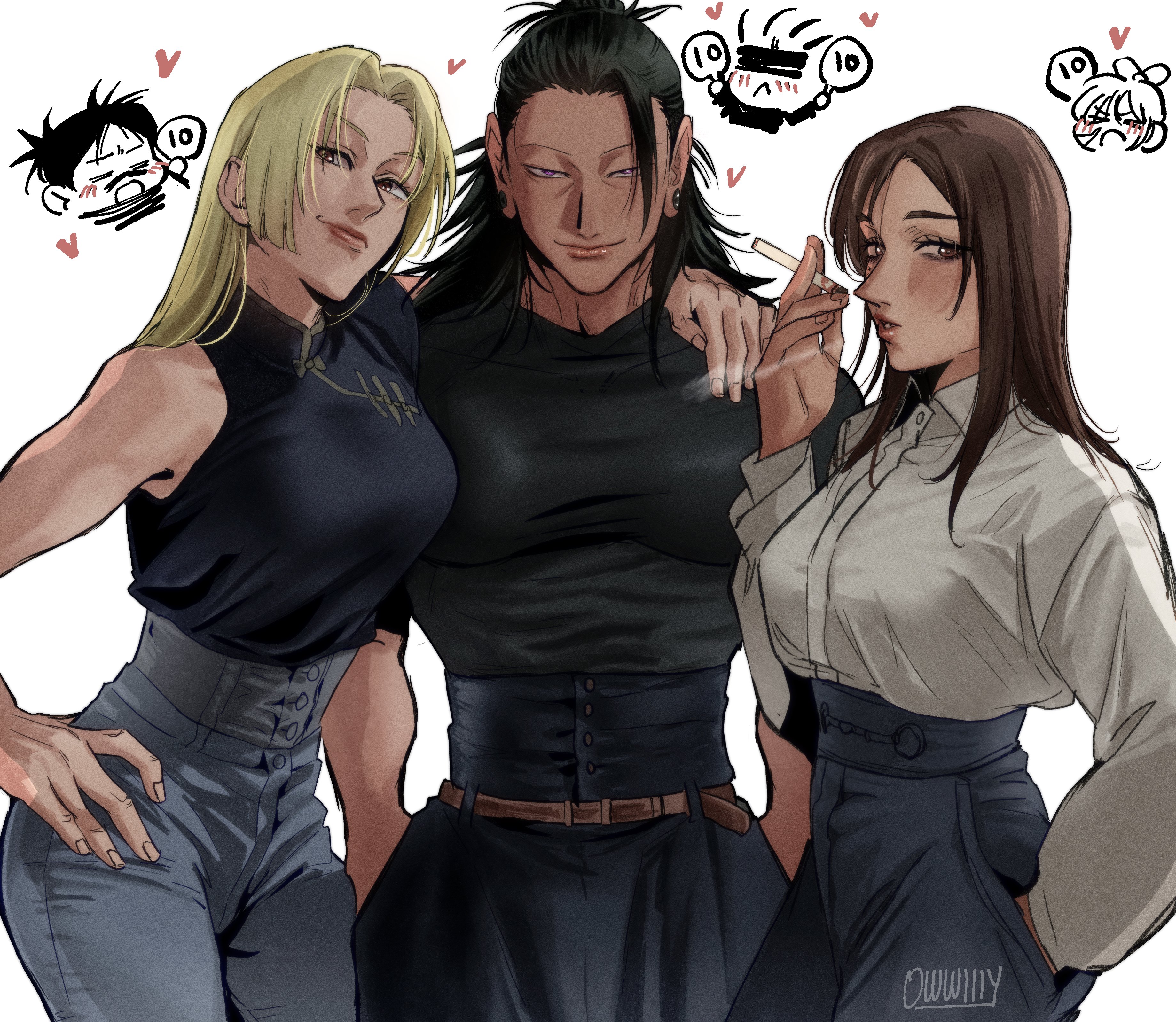 owwllly, choso (jujutsu kaisen), getou suguru, gojou satoru, ieiri shoko, iori utahime, tsukumo yuki (jujutsu kaisen), jujutsu kaisen, absurdres, commentary, english commentary, highres, 3boys, 3girls, black hair, black shirt, blonde hair, blush, breasts, brown eyes, brown hair, chibi, cigarette, cowboy shot, hand in pocket, hand on own hip, holding, holding cigarette, long hair, looking at viewer, multiple boys, multiple girls, pants, shirt, sidelocks, simple background, single sidelock, sleeveless, sleeveless shirt, smile, smoke, white background