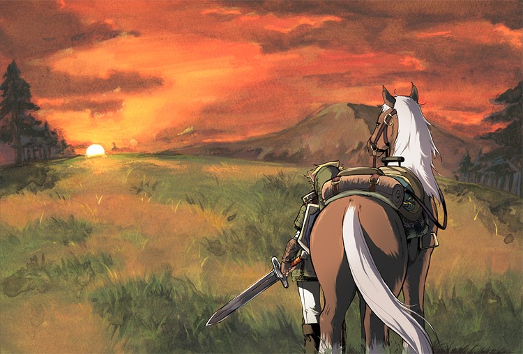 yajiro masaru, epona (legend of zelda), link, nintendo, the legend of zelda, the legend of zelda: twilight princess, 1boy, blonde hair, hat, holding, holding sword, holding weapon, horse, pointy ears, scenery, shield, shield on back, sunset, sword, weapon