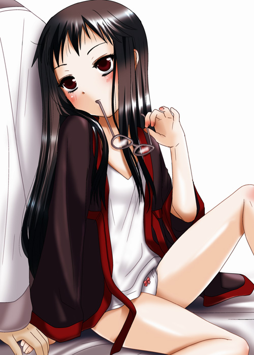 inumori sayaka, jakuri (ar tonelico), ar tonelico, ar tonelico ii, gust, 1girl, black hair, blush, female focus, glasses, holding, holding hands, holding removed eyewear, long hair, mouth hold, panties, red eyes, sitting, solo, solo focus, underwear, unworn eyewear