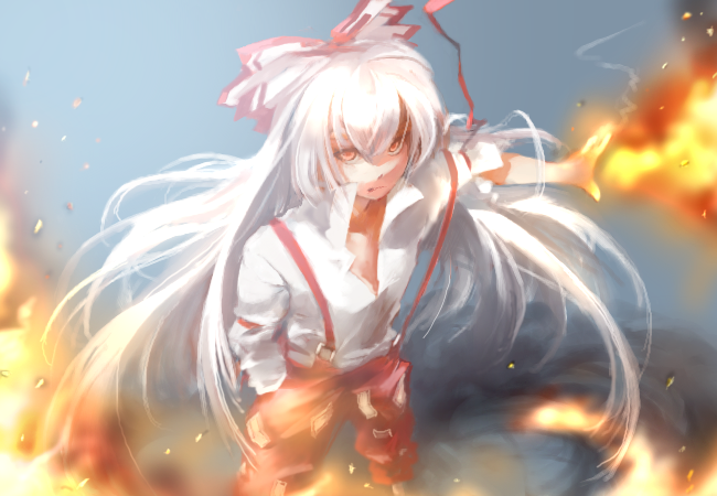 sachito, fujiwara no mokou, touhou, 1girl, angry, female focus, fire, glaring, hair ribbon, hand in pocket, long hair, pants, ribbon, serious, shirt, solo, standing, suspenders, white hair, white shirt