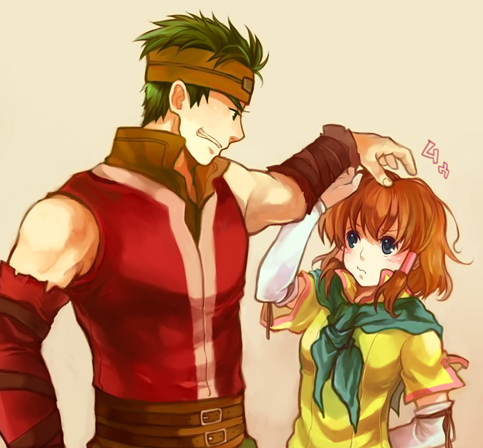 guttary, boyd (fire emblem), mist (fire emblem), mist (path of radiance) (fire emblem), fire emblem, fire emblem: path of radiance, fire emblem: radiant dawn, nintendo, bad id, bad pixiv id, 1boy, 1girl, blue eyes, brown hair, couple, detached sleeves, frown, green hair, grin, hair tubes, headband, headpat, scarf, short hair, smile, wavy mouth