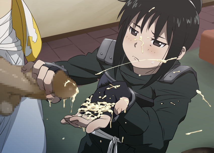 ice place, lan fan, ling yao, fullmetal alchemist, duplicate, 00s, 1boy, 1girl, black eyes, black hair, blush, censored, completely unamused, cum, cum on body, cum on hands, cum on upper body, ejaculation, facial, frown, handjob, hetero, mosaic censoring, penis, unamused