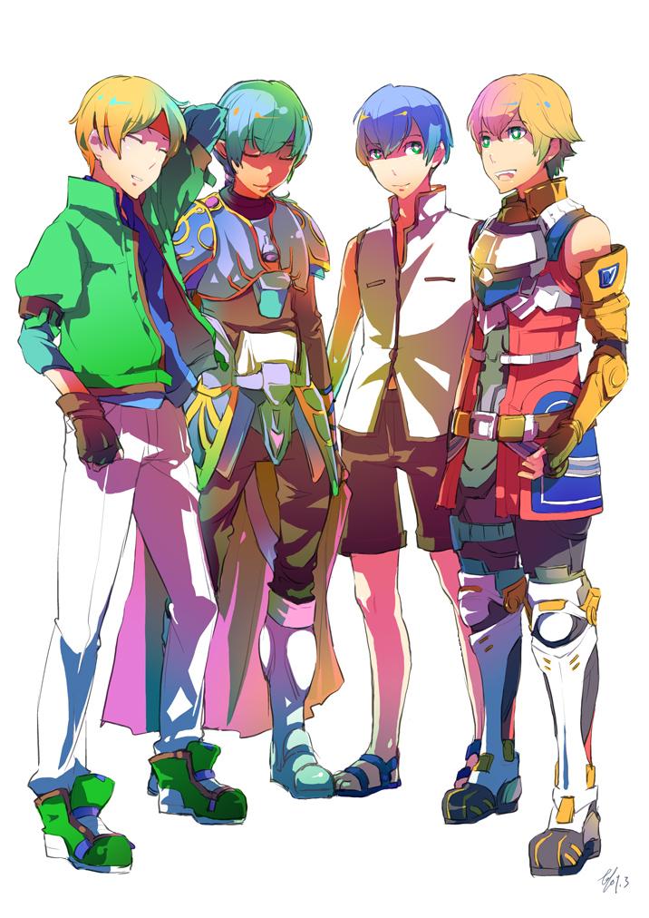so3fans, claude c. kenny, edge maverick, fayt leingod, roddick farrence, star ocean, star ocean: first departure, star ocean: the last hope, star ocean: the second story, star ocean: till the end of time, 4boys, armor, blonde hair, blue hair, boots, crossover, full body, happy, in-franchise crossover, knee boots, male focus, multiple boys, simple background, white background