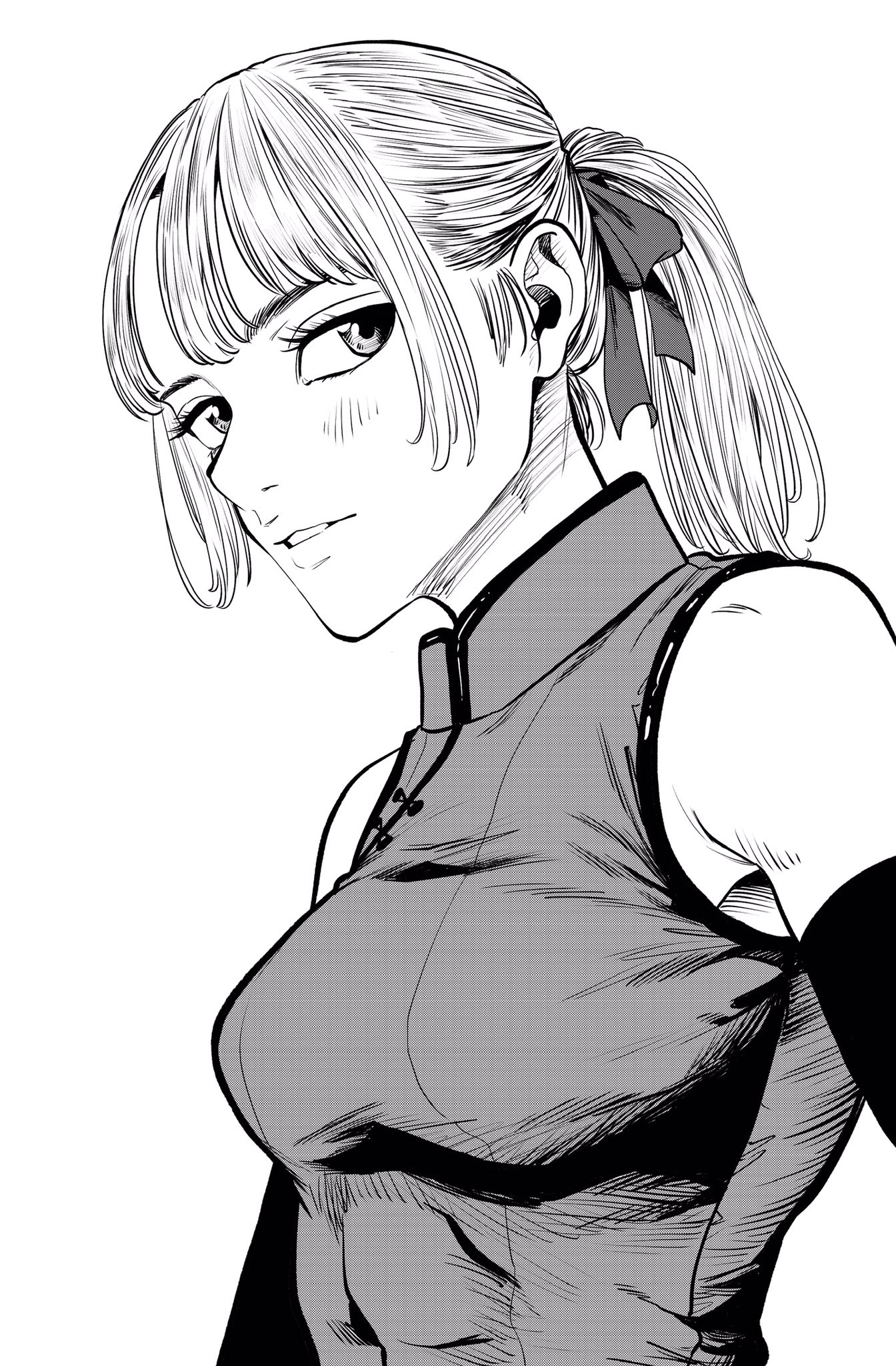 lee (dragon garou), original, commentary request, highres, 1girl, armpit peek, breasts, chinese clothes, covered abs, detached sleeves, greyscale, lips, medium breasts, monochrome, parted lips, ponytail, profile, sleeveless, solo, upper body