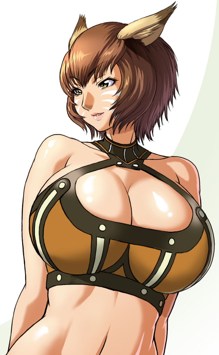 kurohardt, mithra (ff11), final fantasy, final fantasy xi, 00s, 1girl, animal ears, breasts, brown hair, cleavage, female focus, green eyes, huge breasts, large breasts, lips, lipstick, makeup, short hair, solo