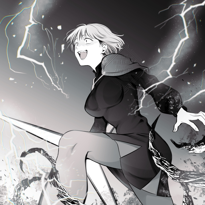 hamiya, tsuihousareta cheat fuyo majutsushi wa kimama na second life wo oukasuru, 1girl, breasts, capelet, constricted pupils, crazy smile, dress, electricity, elsie zora, feet out of frame, floating hair, gradient background, impossible clothes, impossible dress, large breasts, long sleeves, looking ahead, open mouth, pantyhose, plant roots, scene reference, shaded face, short dress, short hair, smile, solo, wide-eyed