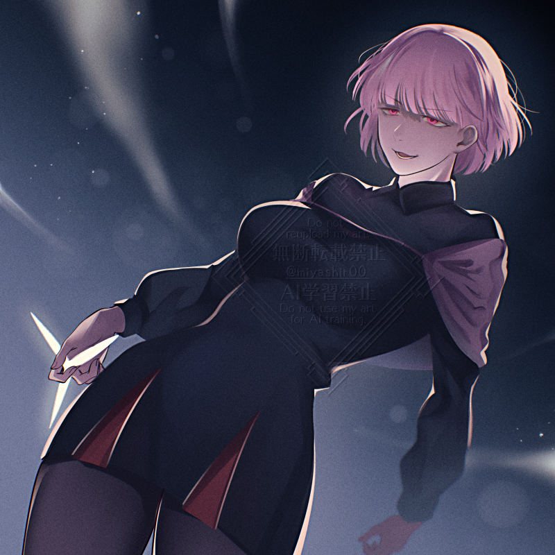 hamiya, tsuihousareta cheat fuyo majutsushi wa kimama na second life wo oukasuru, 1girl, black background, black dress, black pantyhose, capelet, cowboy shot, dress, dust cloud, dutch angle, elsie zora, holding, impossible clothes, impossible dress, light particles, long sleeves, looking at viewer, open mouth, pantyhose, pink capelet, pink hair, red eyes, short dress, short hair, smile, solo, standing, tight clothes, tight dress, v-shaped eyebrows, watermark