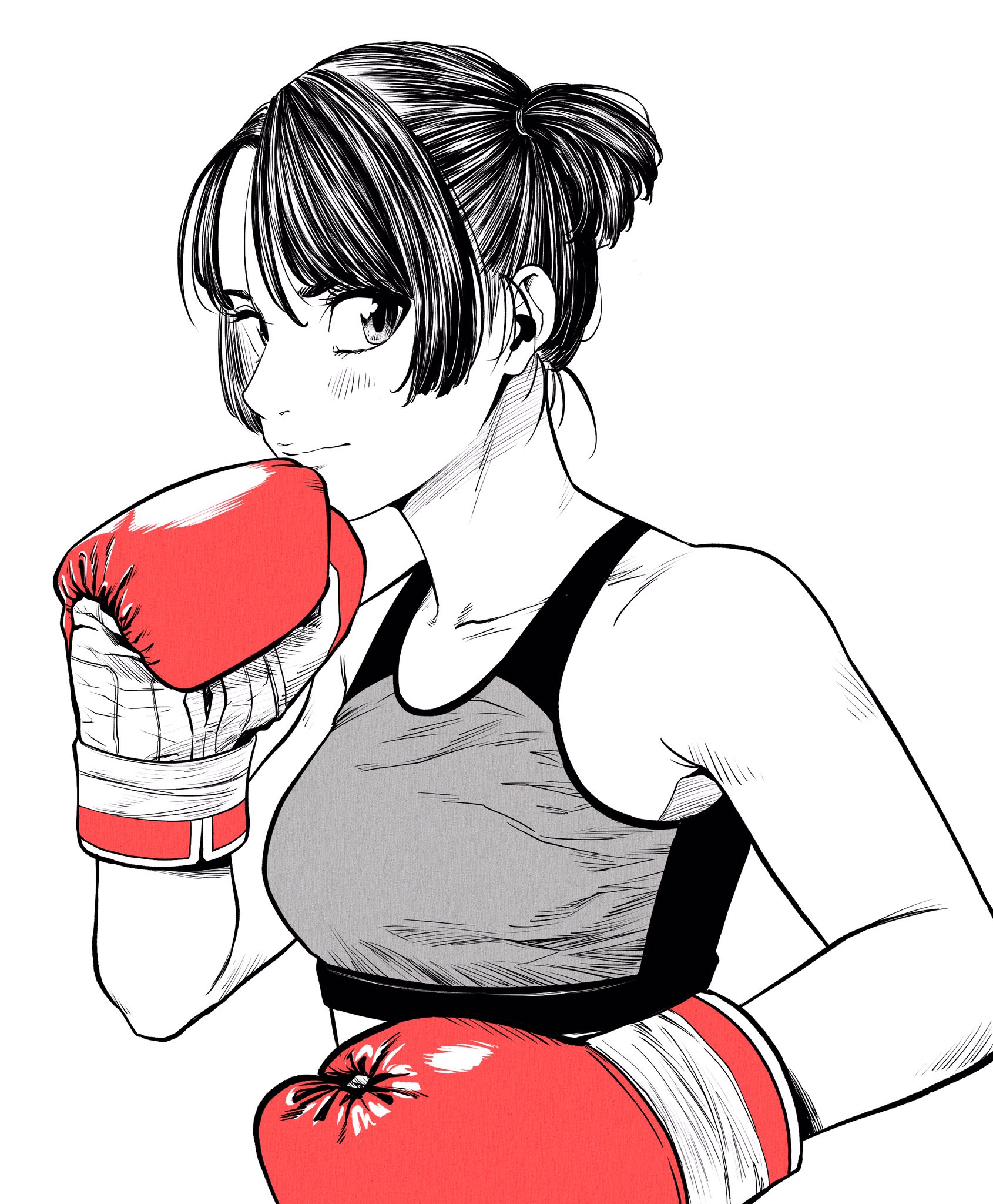 lee (dragon garou), original, commentary request, highres, 1girl, boxing, boxing gloves, breasts, gloves, greyscale, hatching (texture), lips, medium breasts, midriff, monochrome, red gloves, side ponytail, solo, sports bra, spot color, upper body