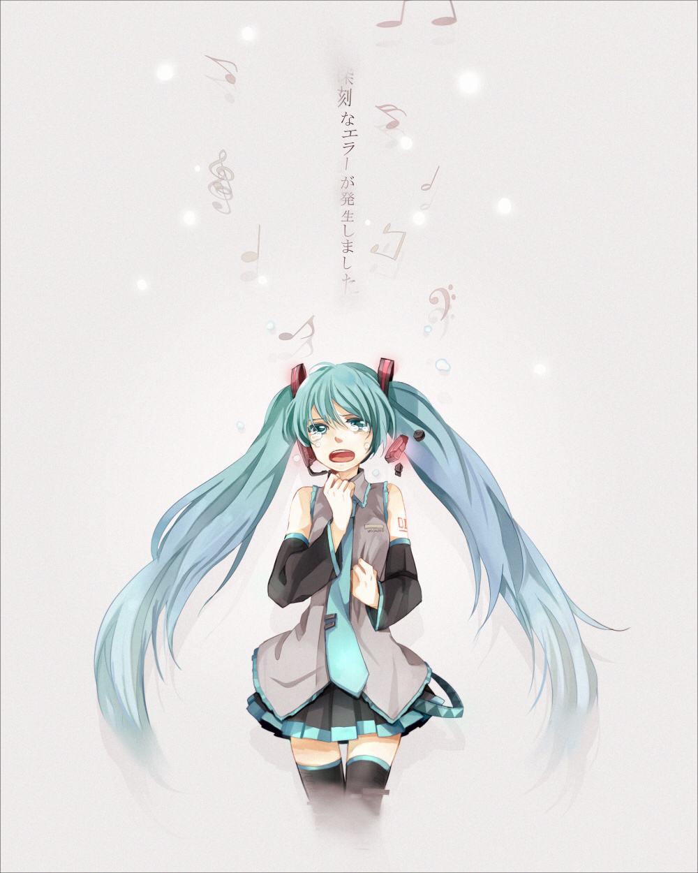 tama (songe), hatsune miku, hatsune miku no shoushitsu (vocaloid), vocaloid, highres, translated, 1girl, aqua eyes, aqua hair, detached sleeves, female focus, gradient background, headphones, long hair, musical note, necktie, skirt, solo, tears, thighhighs, twintails, very long hair, zettai ryouiki