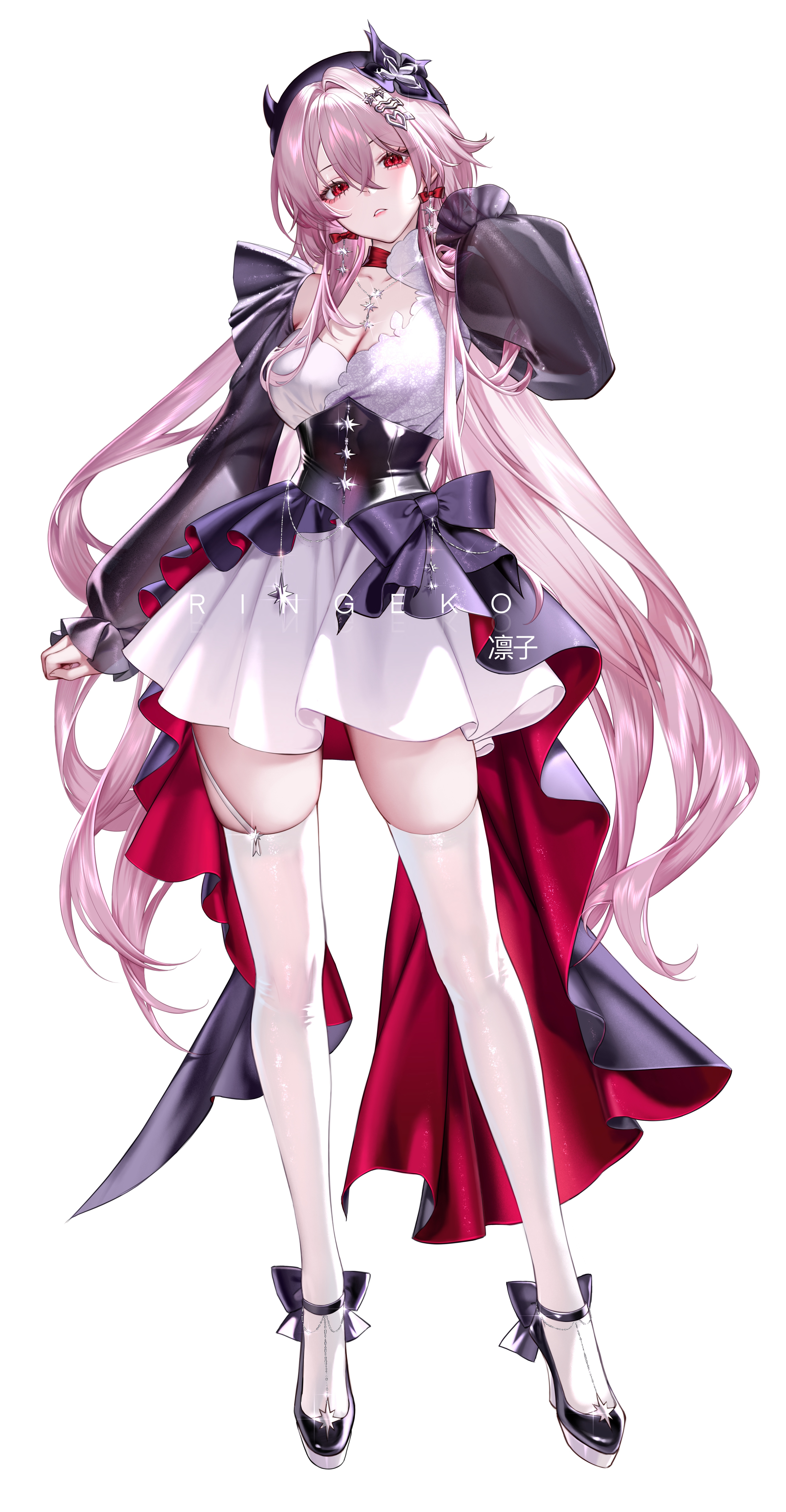 ringeko-chan, evernight (honkai: star rail), march 7th (honkai: star rail), honkai: star rail, honkai (series), absurdres, commentary, highres, 1girl, alternate costume, artist name, black dress, black hat, black shoes, breasts, cleavage, dress, full body, garter straps, hat, high heels, long hair, looking at viewer, medium breasts, parted lips, pink hair, red eyes, shoes, simple background, single garter strap, skirt, solo, thighhighs, white background, white garter straps, white skirt, white thighhighs