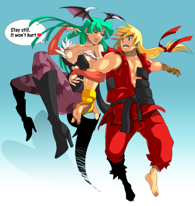 garamgum, ken masters, morrigan aensland, capcom, darkstalkers, street fighter, print legwear, 1boy, 1girl, abs, adjusting hair, animal print, aqua eyes, aqua hair, barefoot, bat print, bat wings, belt, blonde hair, blush, boots, breasts, bridal gauntlets, brown eyes, cleavage, company connection, crossover, demon girl, english text, feathers, feet, fingerless gloves, flying, gloves, hair ribbon, head wings, heart, high heels, japanese clothes, knee boots, large breasts, leotard, lips, lipstick, locked arms, long hair, low-tied long hair, makeup, muscular, off shoulder, one eye closed, open clothes, open mouth, open shirt, pantyhose, ponytail, ribbon, shirt, shoes, simple background, speech bubble, surprised, very long hair, wings, wink