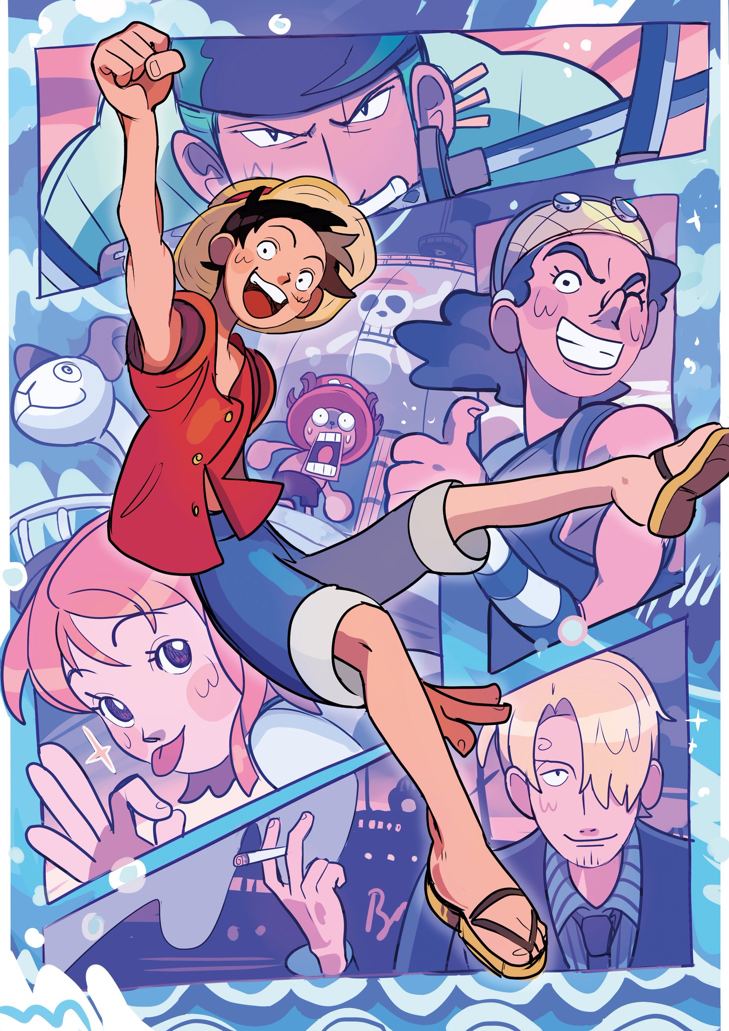 alos (alosrovolo), going merry, monkey d. luffy, nami (one piece), roronoa zoro, sanji (one piece), tony tony chopper, usopp, one piece, highres, 1girl, 5boys, antlers, black hair, black shirt, blonde hair, blue shorts, blush, brown eyes, cigarette, closed mouth, curly eyebrows, facial hair, green hair, hair over one eye, hat, holding, holding cigarette, horns, jolly roger, long nose, multiple boys, ok sign, one eye closed, open mouth, orange hair, pirate ship, raised fist, red hat, red shirt, reindeer antlers, reindeer boy, sandals, shirt, shorts, smile, straw hat, straw hats jolly roger, sweatdrop, sword in mouth, thumbs up, tongue, tongue out, white shirt, wide-eyed, yellow sandals